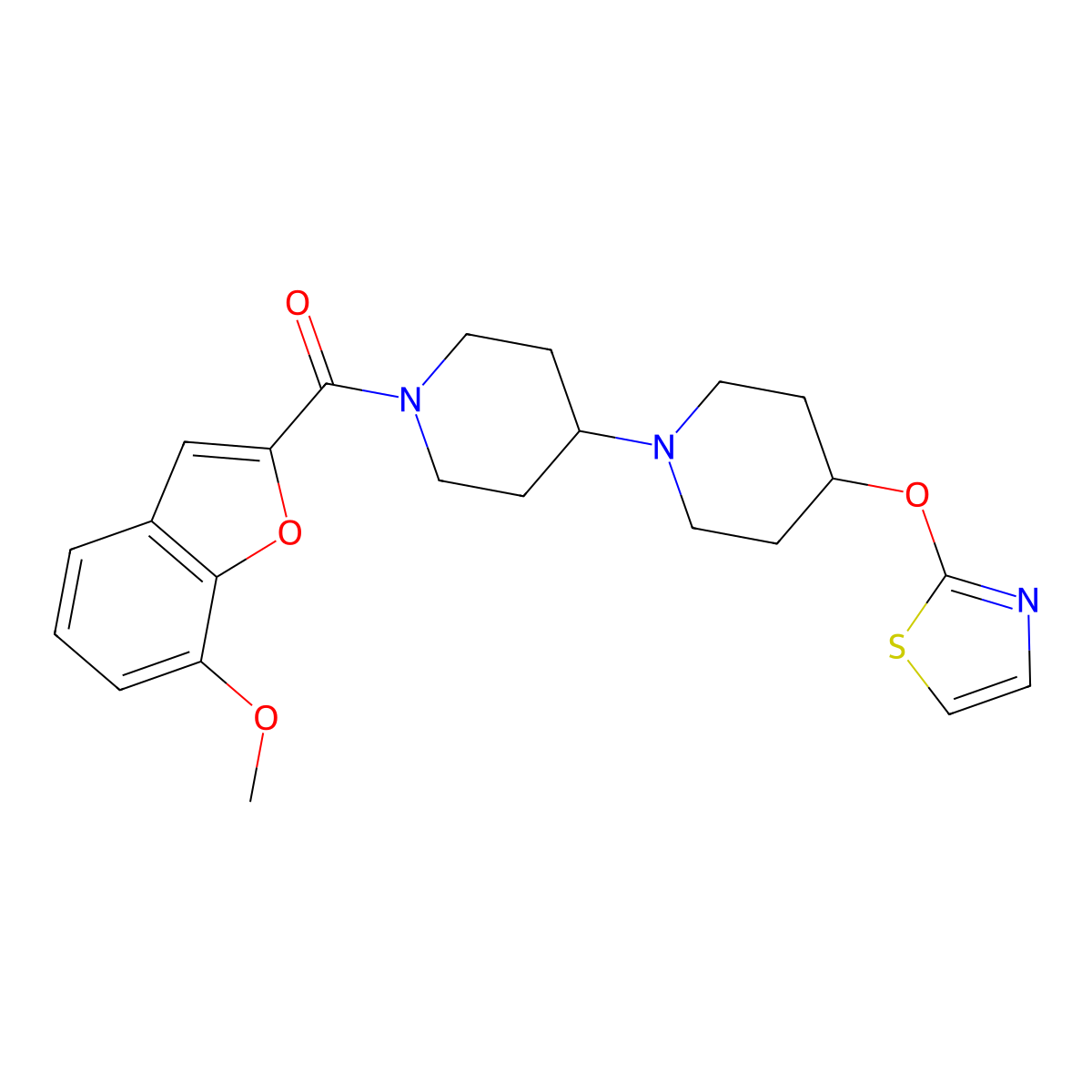 1'-(7-Methoxy-1-benzofuran-2-carbonyl)-4-(1,3-thiazol-2-yloxy)-1,4'-bipiperidine molecular structure, CAS 1705695-72-2