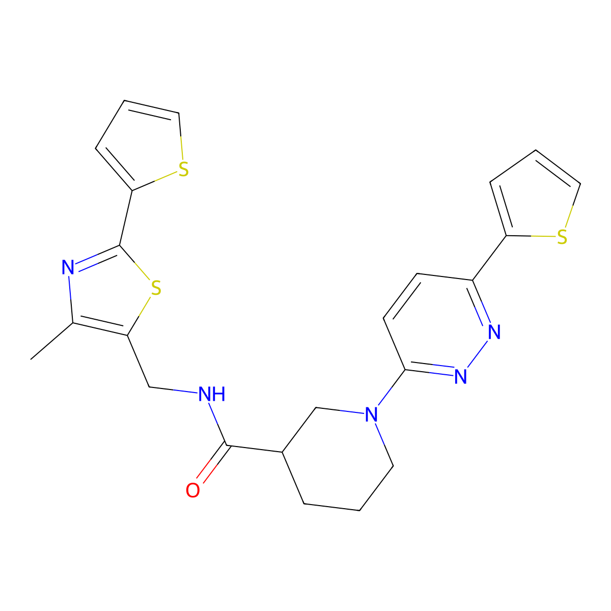 N-((4-methyl-2-(thiophen-2-yl)thiazol-5-yl)methyl)-1-(6-(thiophen-2-yl)pyridazin-3-yl)piperidine-3-carboxamide molecular structure, CAS 1705705-83-4