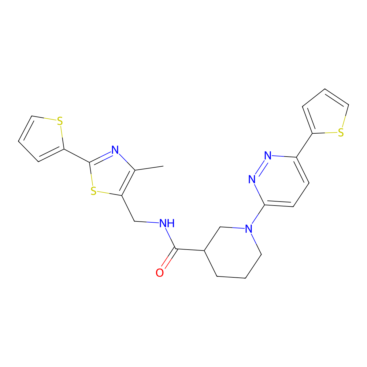N-((4-methyl-2-(thiophen-2-yl)thiazol-5-yl)methyl)-1-(6-(thiophen-2-yl)pyridazin-3-yl)piperidine-3-carboxamide molecular structure, CAS 1705705-83-4