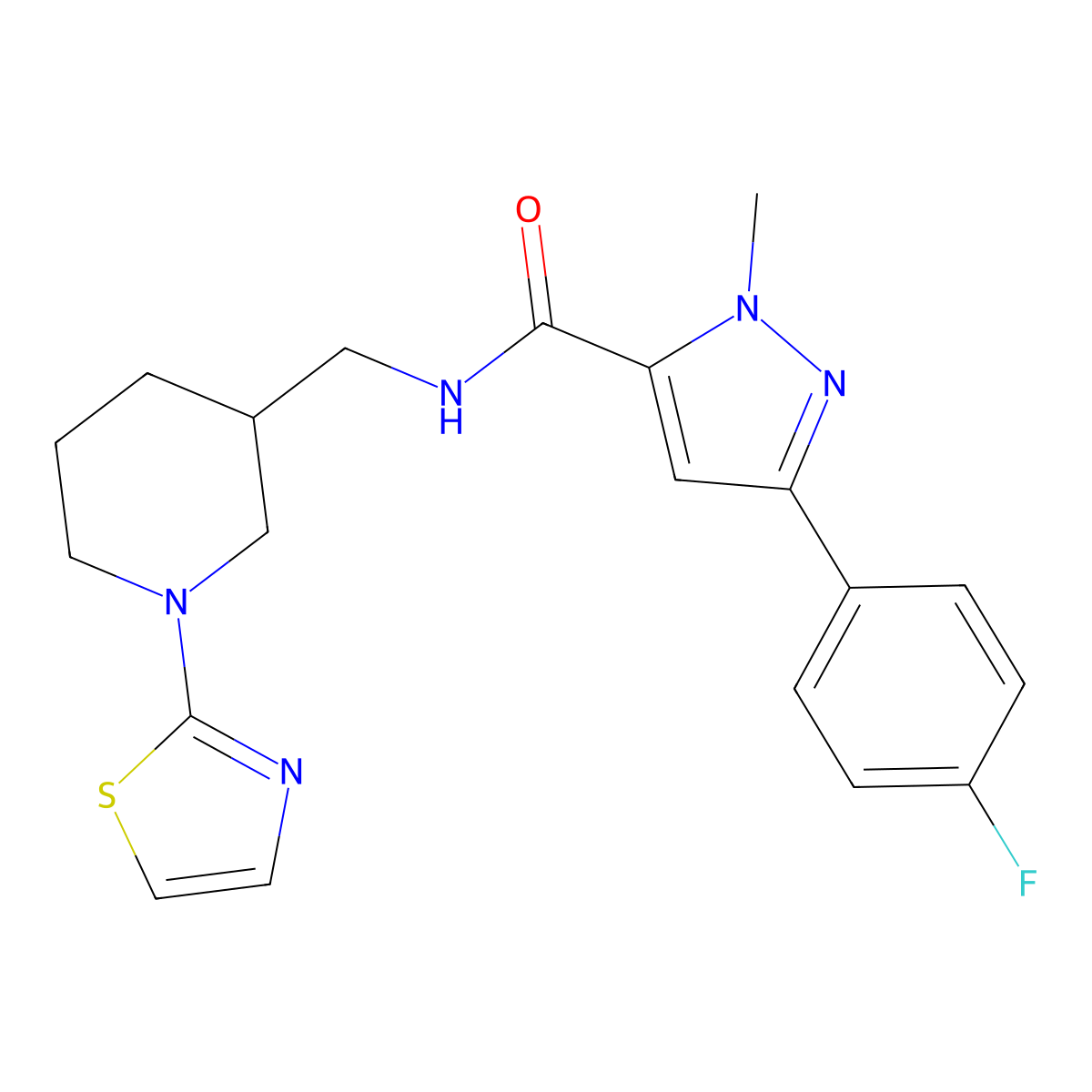 3-(4-fluorophenyl)-1-methyl-N-((1-(thiazol-2-yl)piperidin-3-yl)methyl)-1H-pyrazole-5-carboxamide molecular structure, CAS 1705710-16-2