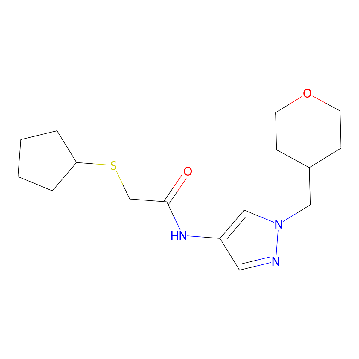 2-(cyclopentylthio)-N-(1-((tetrahydro-2H-pyran-4-yl)methyl)-1H-pyrazol-4-yl)acetamide molecular structure, CAS 1705711-77-8