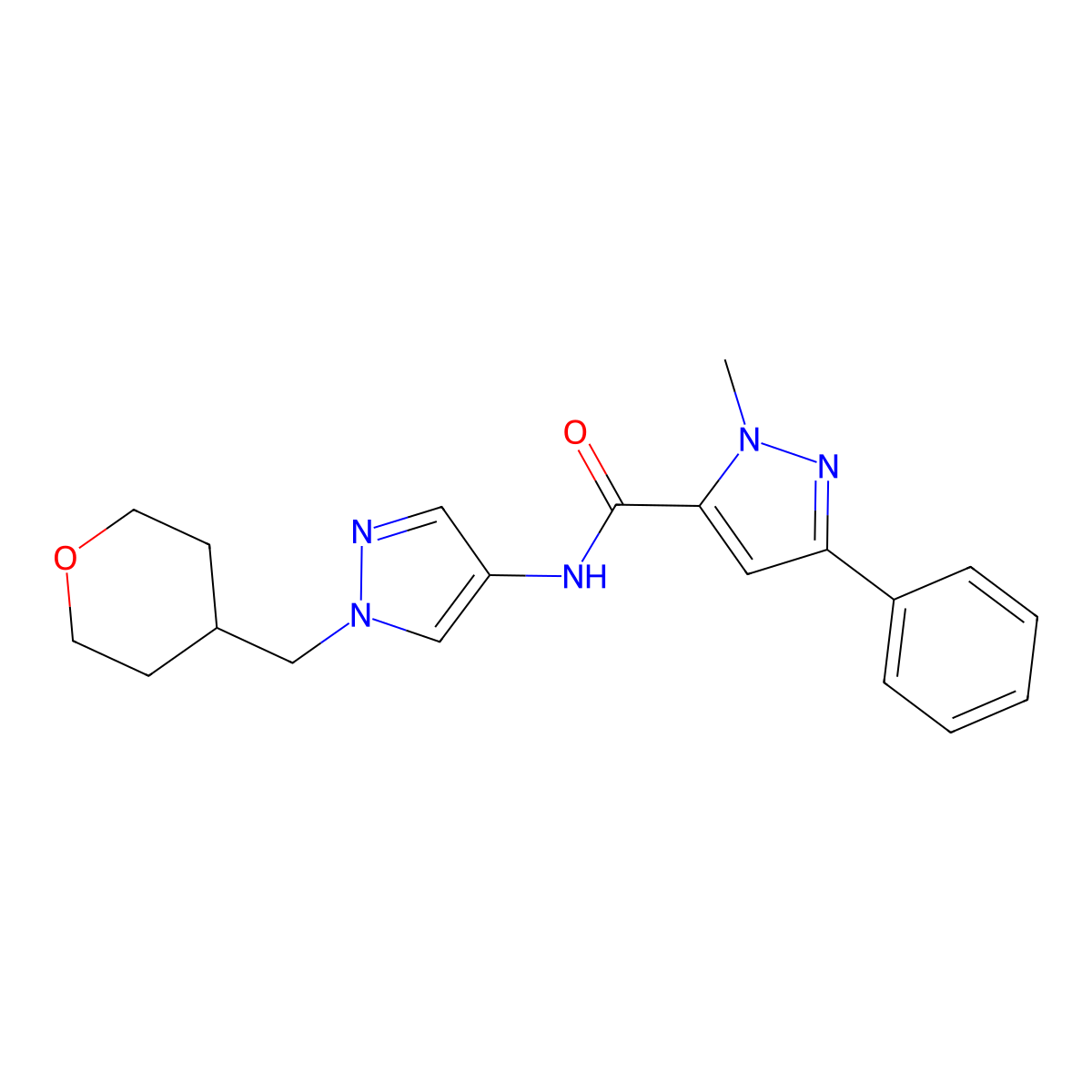 1-methyl-3-phenyl-N-(1-((tetrahydro-2H-pyran-4-yl)methyl)-1H-pyrazol-4-yl)-1H-pyrazole-5-carboxamide molecular structure, CAS 1705711-85-8