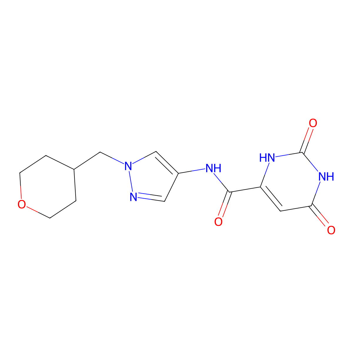2,6-dioxo-N-(1-((tetrahydro-2H-pyran-4-yl)methyl)-1H-pyrazol-4-yl)-1,2,3,6-tetrahydropyrimidine-4-carboxamide molecular structure, CAS 1705712-51-1