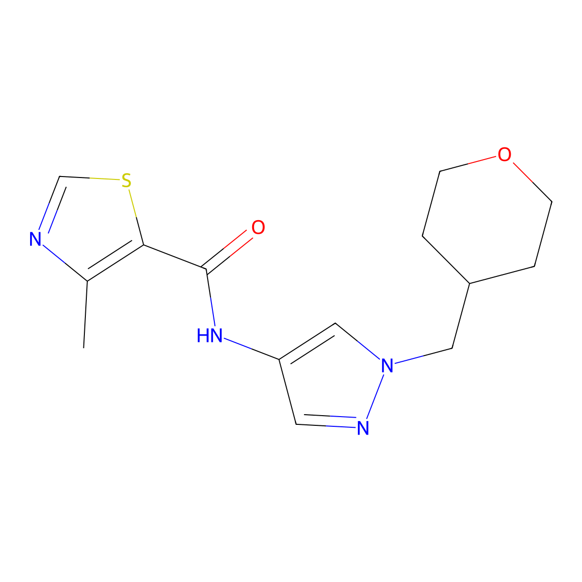 4-methyl-N-(1-((tetrahydro-2H-pyran-4-yl)methyl)-1H-pyrazol-4-yl)thiazole-5-carboxamide molecular structure, CAS 1705712-60-2