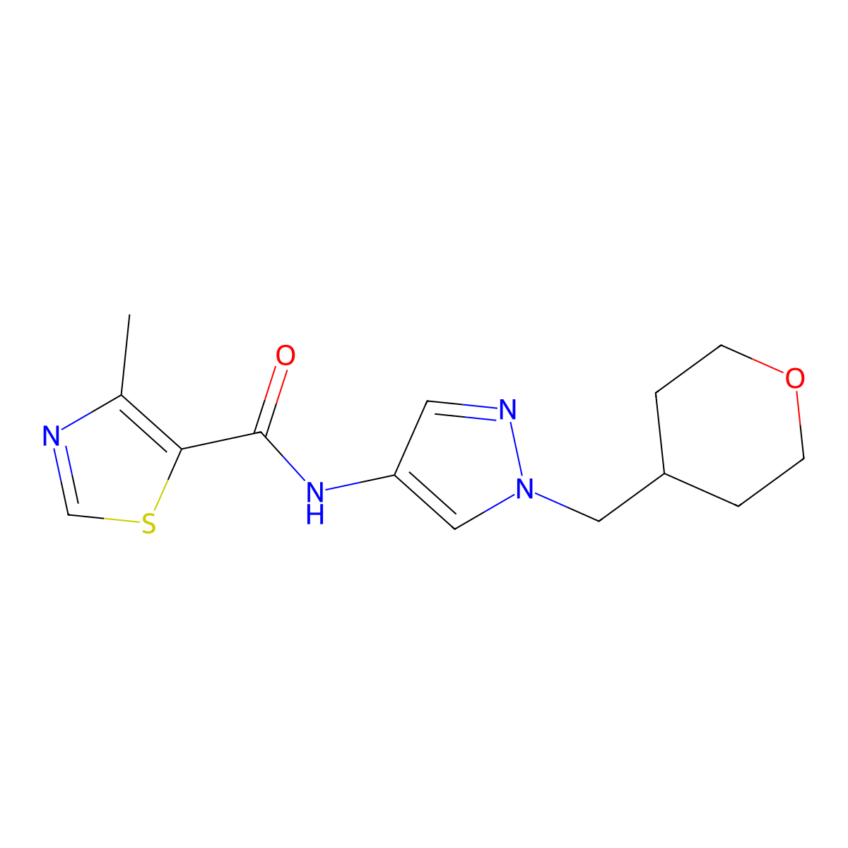 4-methyl-N-(1-((tetrahydro-2H-pyran-4-yl)methyl)-1H-pyrazol-4-yl)thiazole-5-carboxamide molecular structure, CAS 1705712-60-2