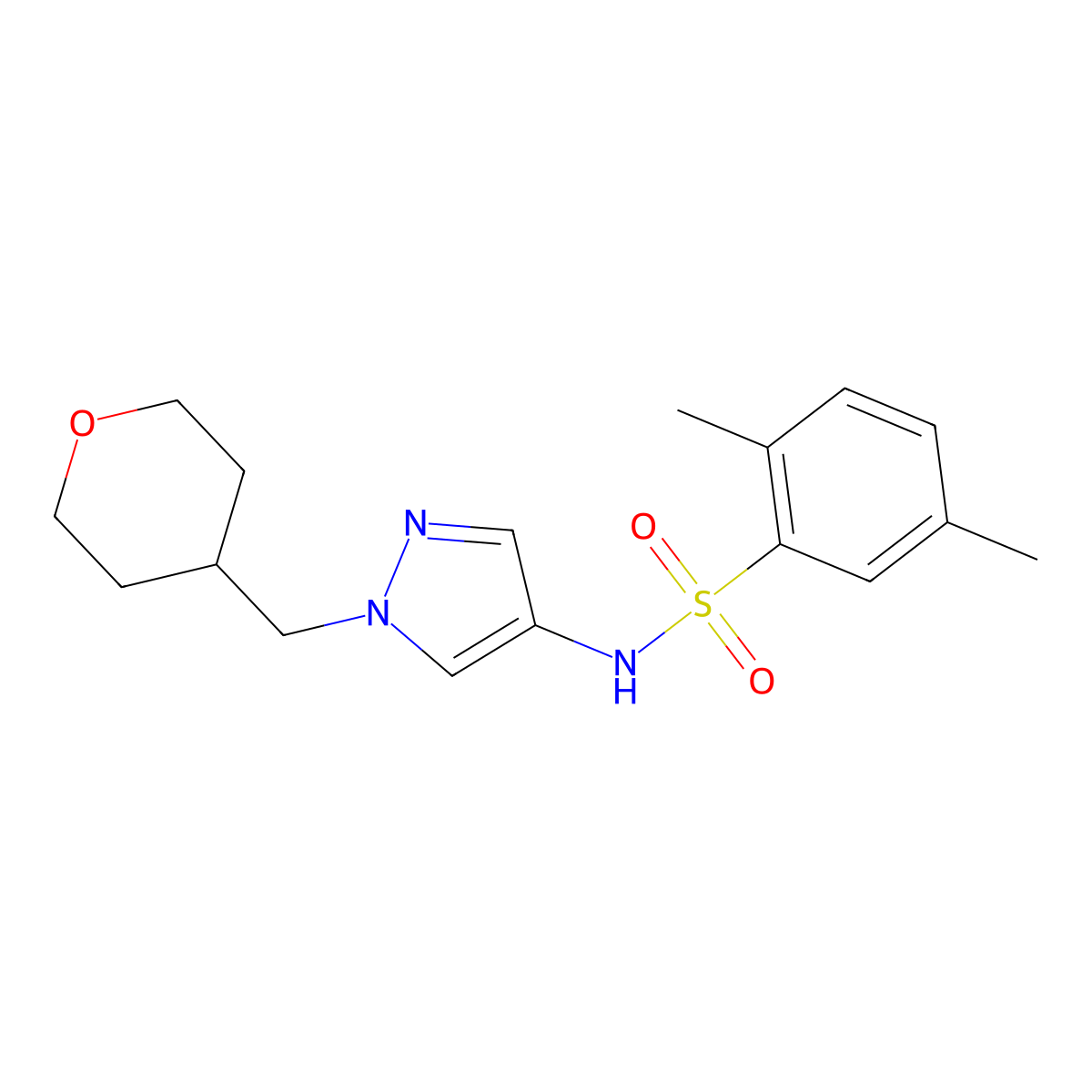 2,5-dimethyl-N-(1-((tetrahydro-2H-pyran-4-yl)methyl)-1H-pyrazol-4-yl)benzenesulfonamide molecular structure, CAS 1705712-75-9