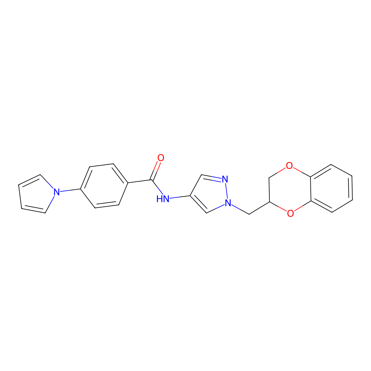 N-(1-((2,3-dihydrobenzo[b][1,4]dioxin-2-yl)methyl)-1H-pyrazol-4-yl)-4-(1H-pyrrol-1-yl)benzamide molecular structure, CAS 1705713-08-1