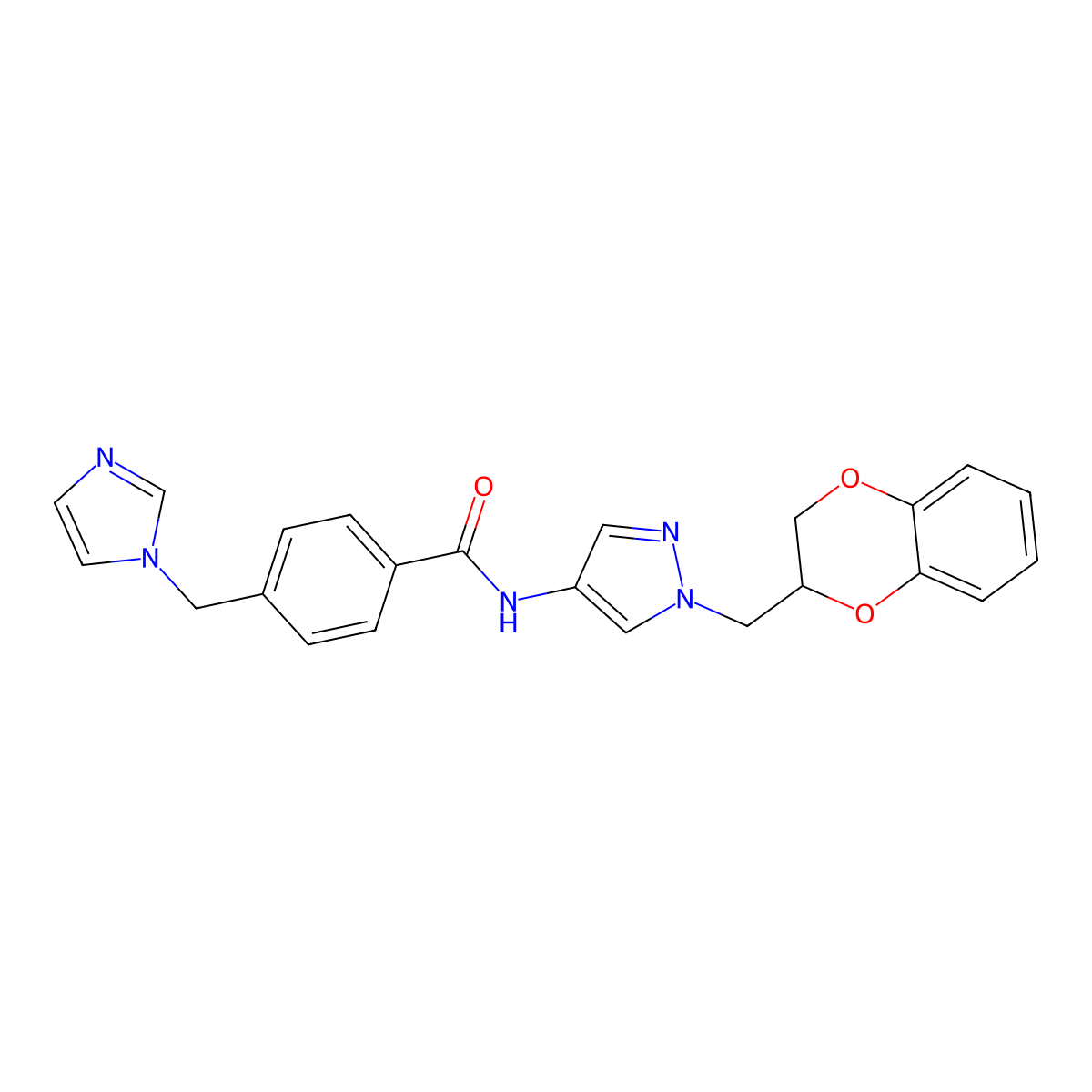 4-((1H-imidazol-1-yl)methyl)-N-(1-((2,3-dihydrobenzo[b][1,4]dioxin-2-yl)methyl)-1H-pyrazol-4-yl)benzamide molecular structure, CAS 1705713-10-5