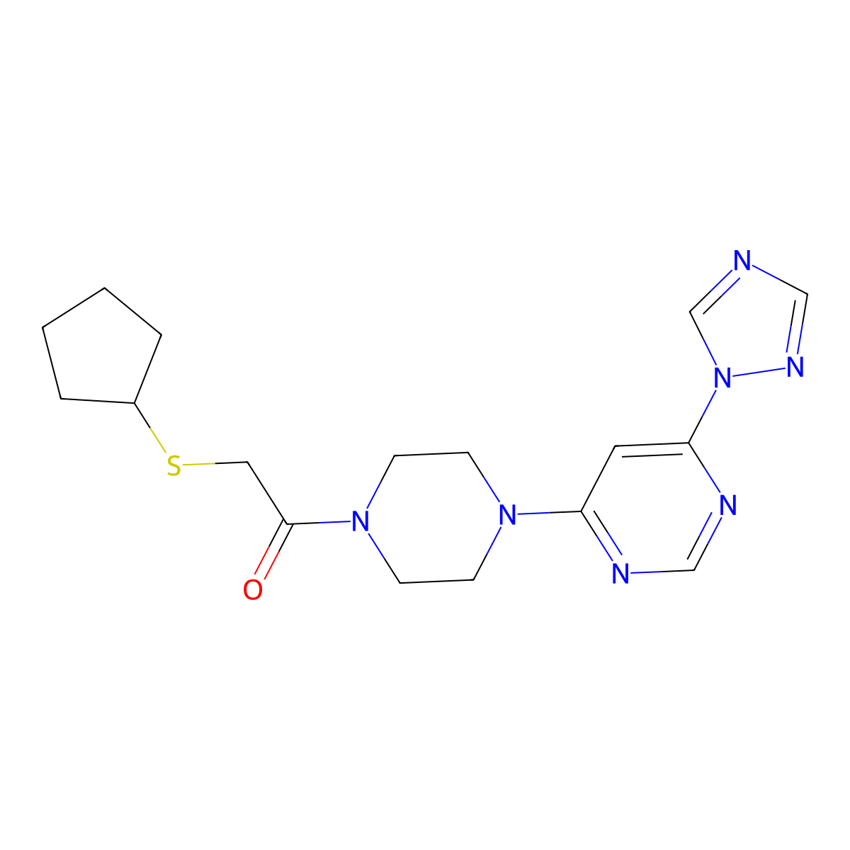 1-(4-(6-(1H-1,2,4-triazol-1-yl)pyrimidin-4-yl)piperazin-1-yl)-2-(cyclopentylthio)ethanone molecular structure, CAS 1705716-09-1
