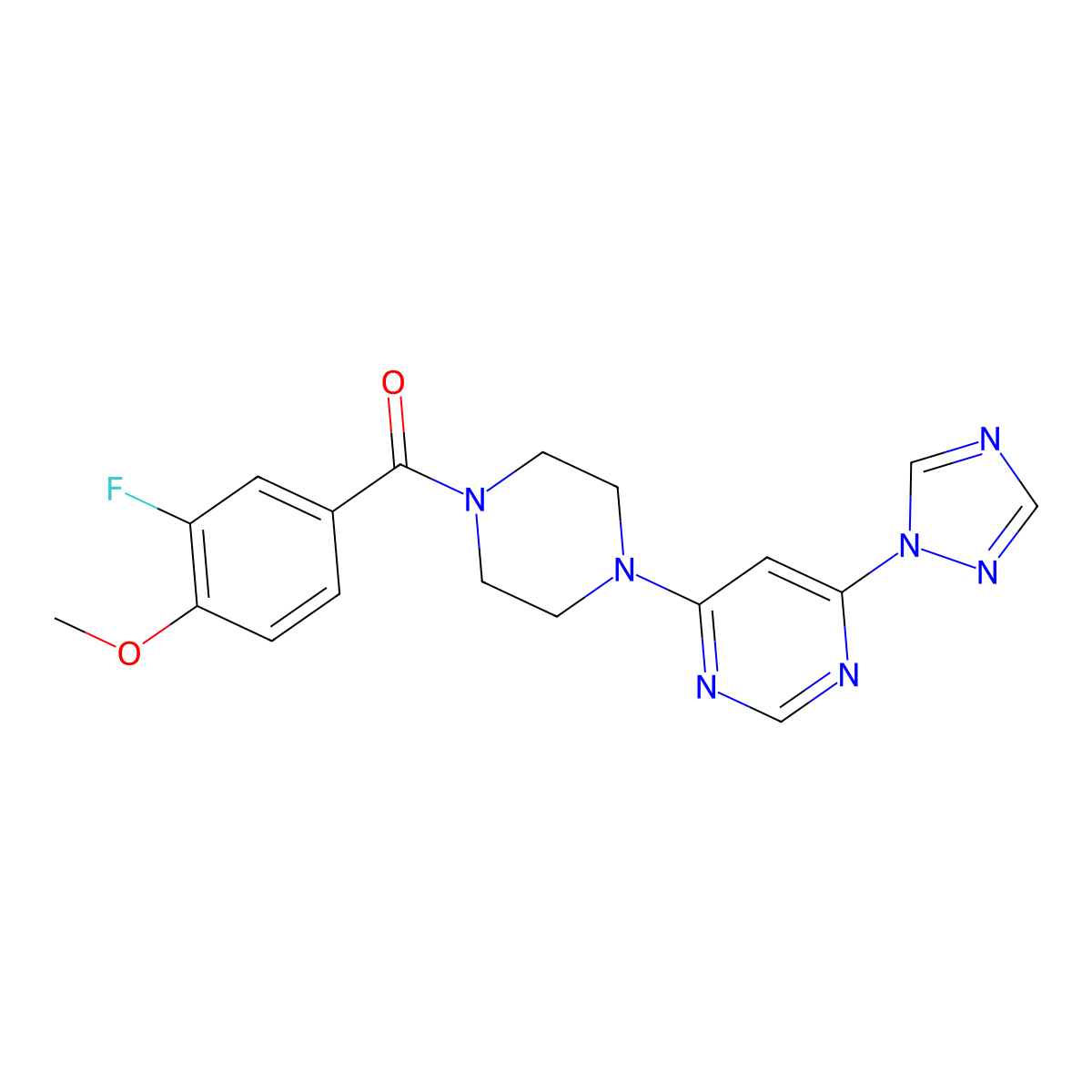 (4-(6-(1H-1,2,4-triazol-1-yl)pyrimidin-4-yl)piperazin-1-yl)(3-fluoro-4-methoxyphenyl)methanone molecular structure, CAS 1705716-33-1