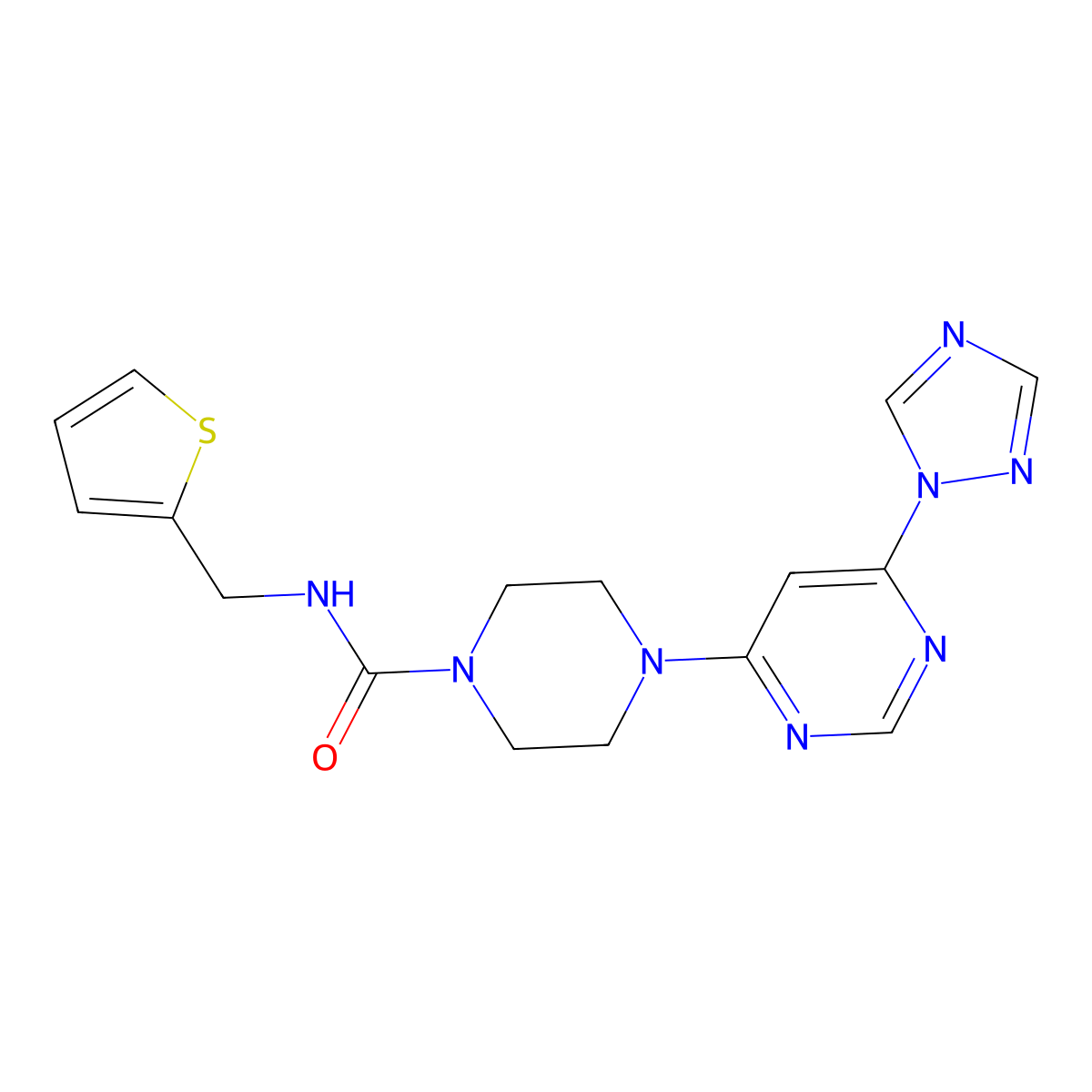 4-(6-(1H-1,2,4-triazol-1-yl)pyrimidin-4-yl)-N-(thiophen-2-ylmethyl)piperazine-1-carboxamide molecular structure, CAS 1705717-81-2
