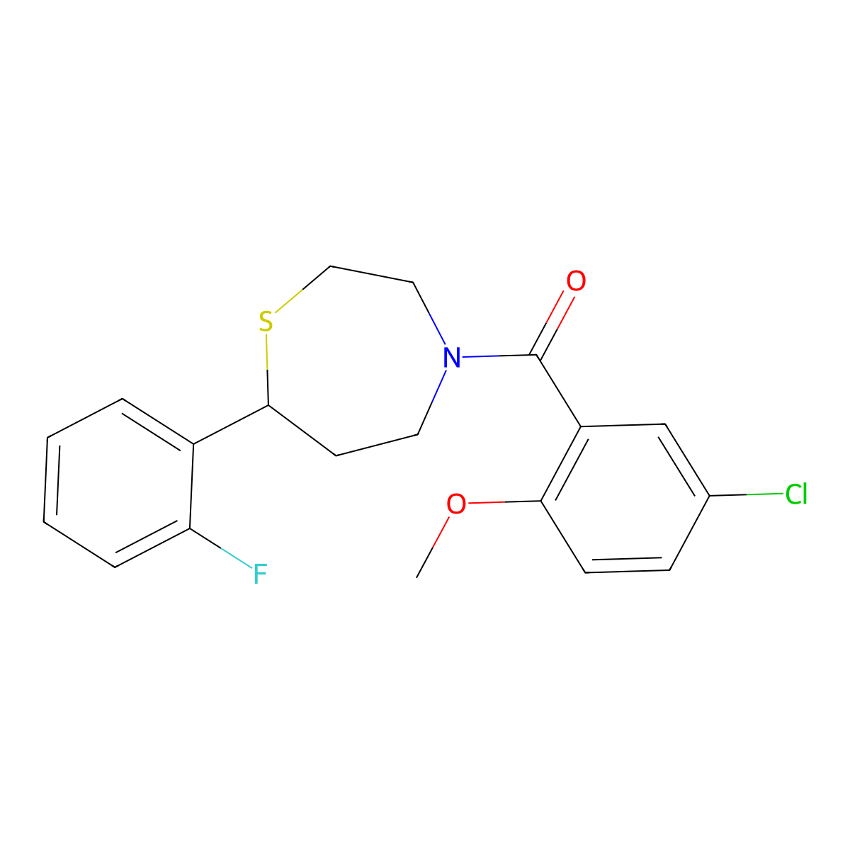 (5-Chloro-2-methoxyphenyl)(7-(2-fluorophenyl)-1,4-thiazepan-4-yl)methanone molecular structure, CAS 1705718-64-4