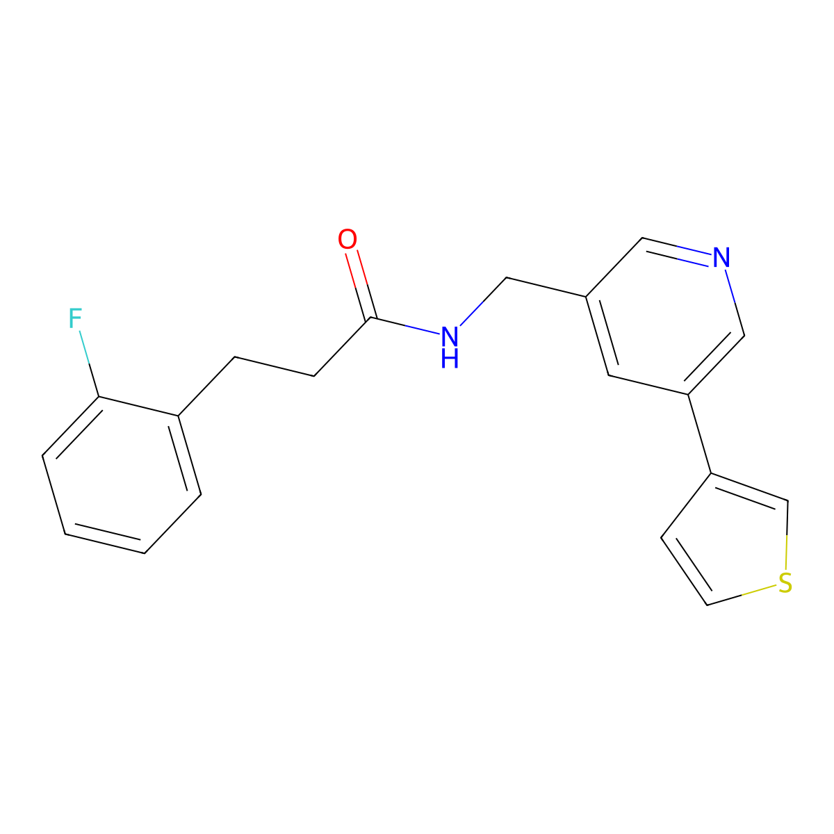 3-(2-fluorophenyl)-N-((5-(thiophen-3-yl)pyridin-3-yl)methyl)propanamide molecular structure, CAS 1705720-43-9