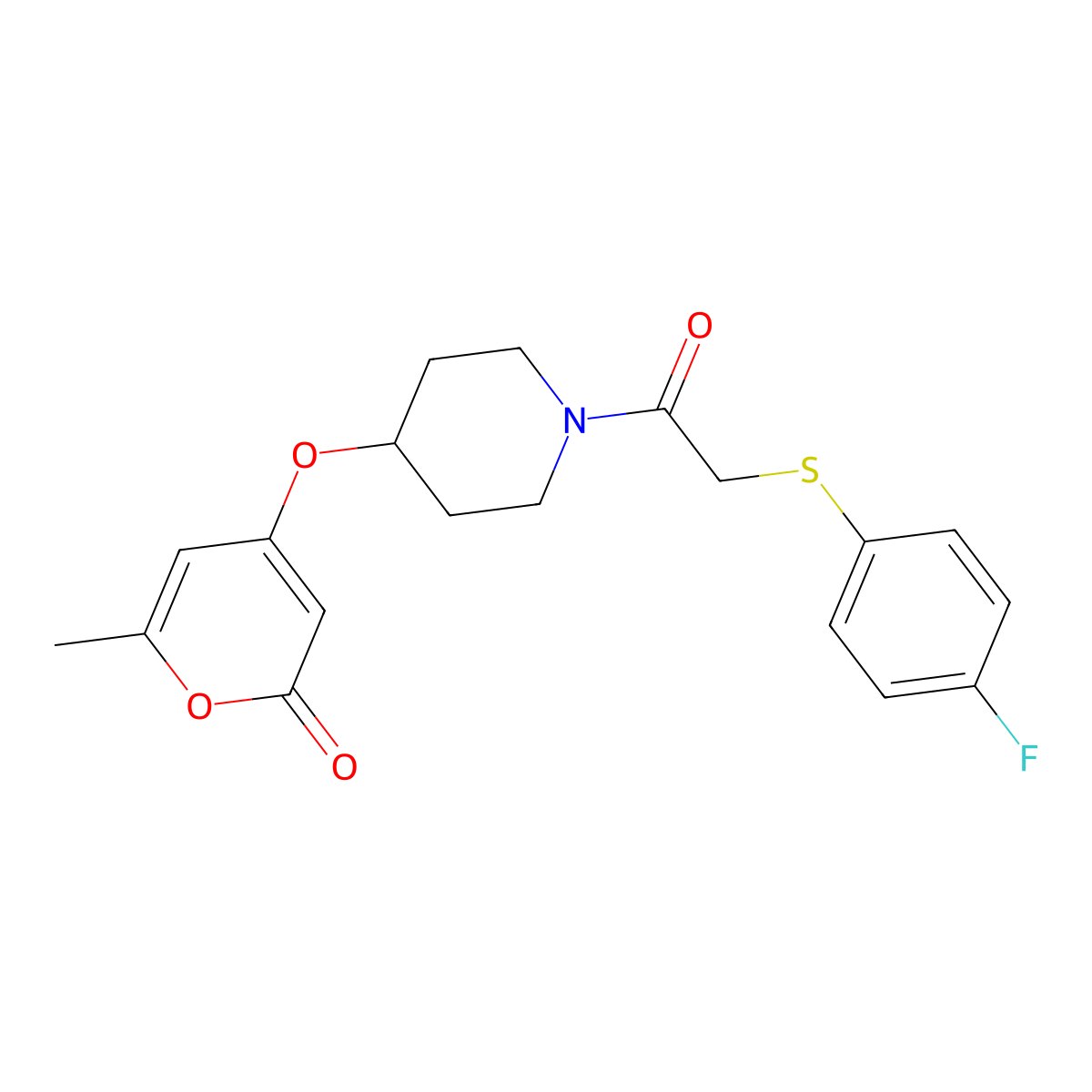 4-((1-(2-((4-fluorophenyl)thio)acetyl)piperidin-4-yl)oxy)-6-methyl-2H-pyran-2-one molecular structure, CAS 1705721-66-9