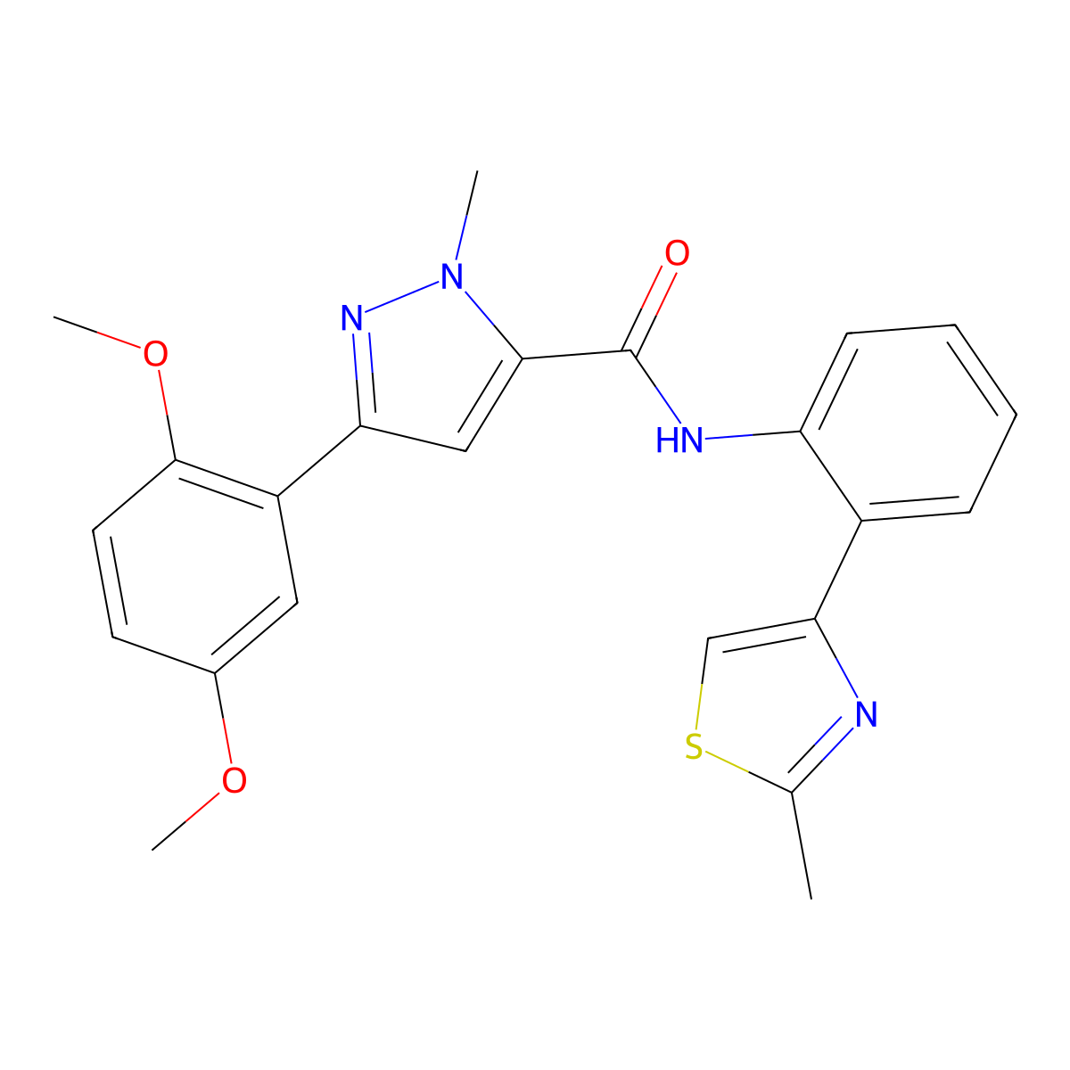 3-(2,5-dimethoxyphenyl)-1-methyl-N-(2-(2-methylthiazol-4-yl)phenyl)-1H-pyrazole-5-carboxamide molecular structure, CAS 1705722-46-8