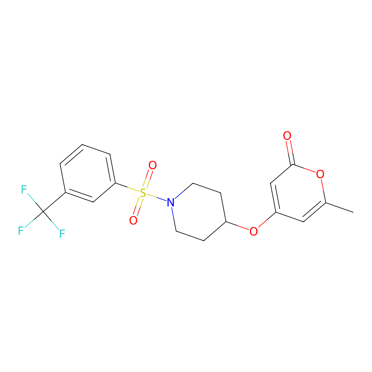 6-methyl-4-((1-((3-(trifluoromethyl)phenyl)sulfonyl)piperidin-4-yl)oxy)-2H-pyran-2-one molecular structure, CAS 1705724-10-2