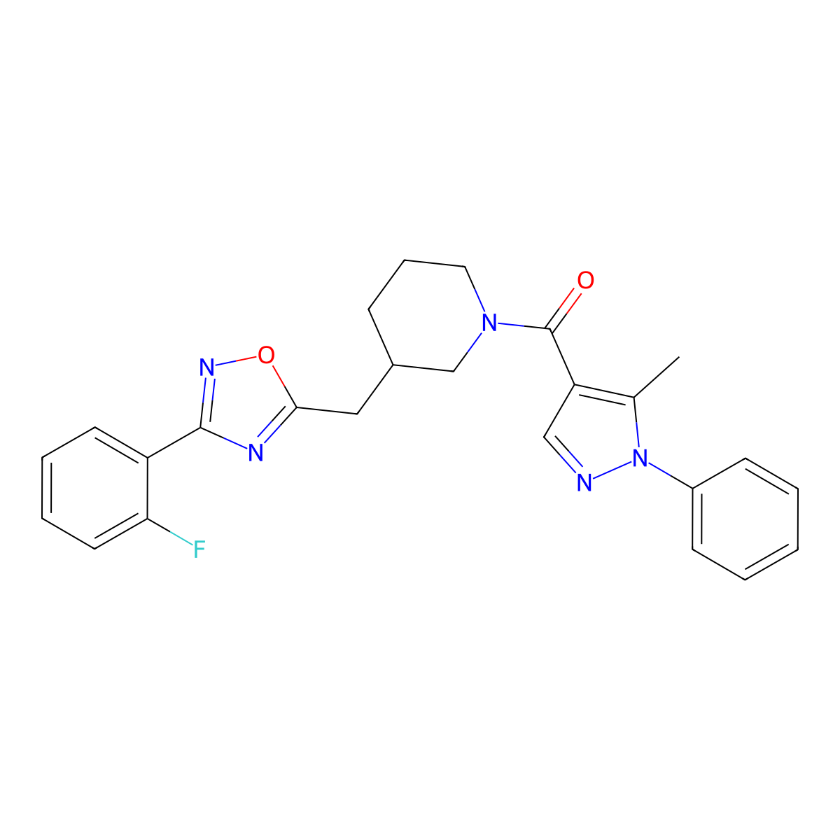 (3-((3-(2-fluorophenyl)-1,2,4-oxadiazol-5-yl)methyl)piperidin-1-yl)(5-methyl-1-phenyl-1H-pyrazol-4-yl)methanone molecular structure, CAS 1705740-39-1