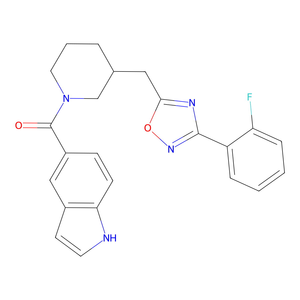 (3-((3-(2-fluorophenyl)-1,2,4-oxadiazol-5-yl)methyl)piperidin-1-yl)(1H-indol-5-yl)methanone molecular structure, CAS 1705741-05-4