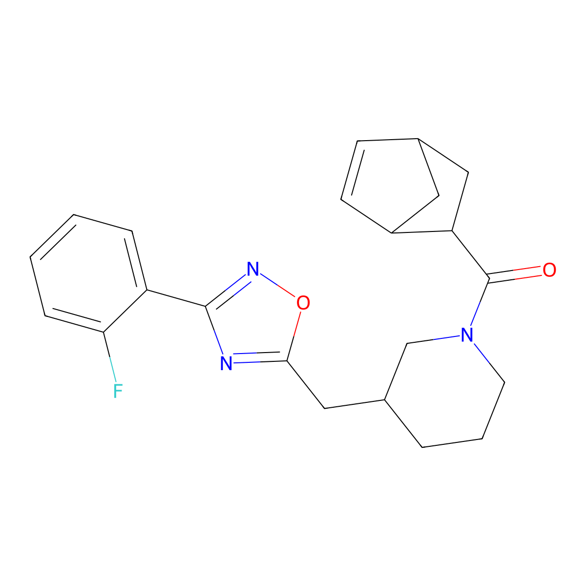 Bicyclo[2.2.1]hept-5-en-2-yl(3-((3-(2-fluorophenyl)-1,2,4-oxadiazol-5-yl)methyl)piperidin-1-yl)methanone molecular structure, CAS 1705741-11-2