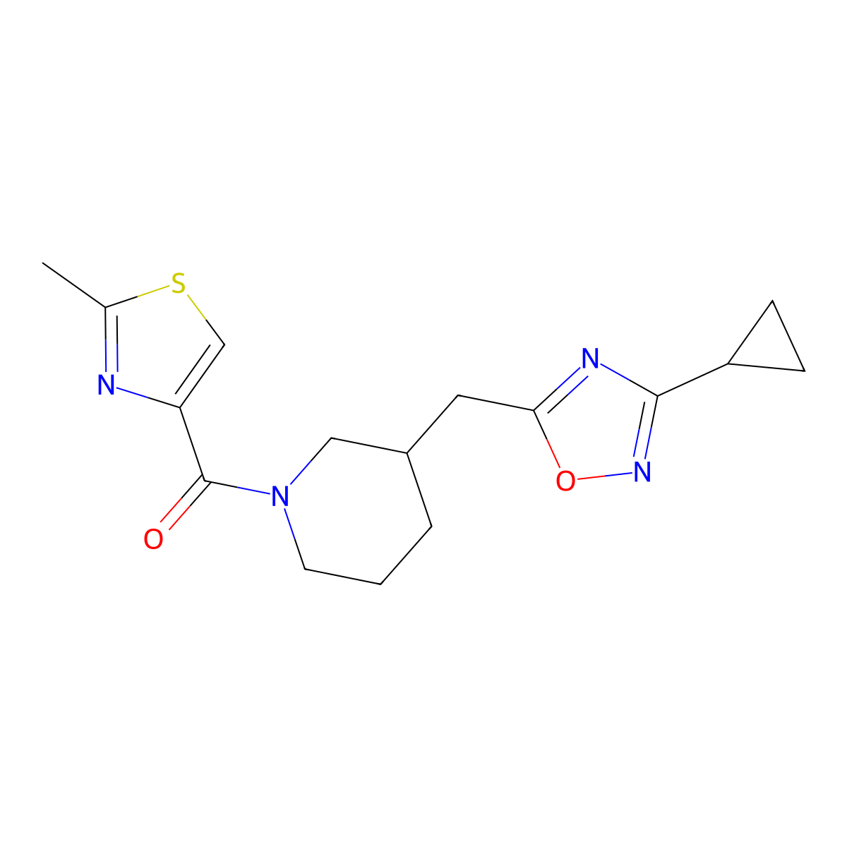 (3-((3-Cyclopropyl-1,2,4-oxadiazol-5-yl)methyl)piperidin-1-yl)(2-methylthiazol-4-yl)methanone molecular structure, CAS 1705741-82-7