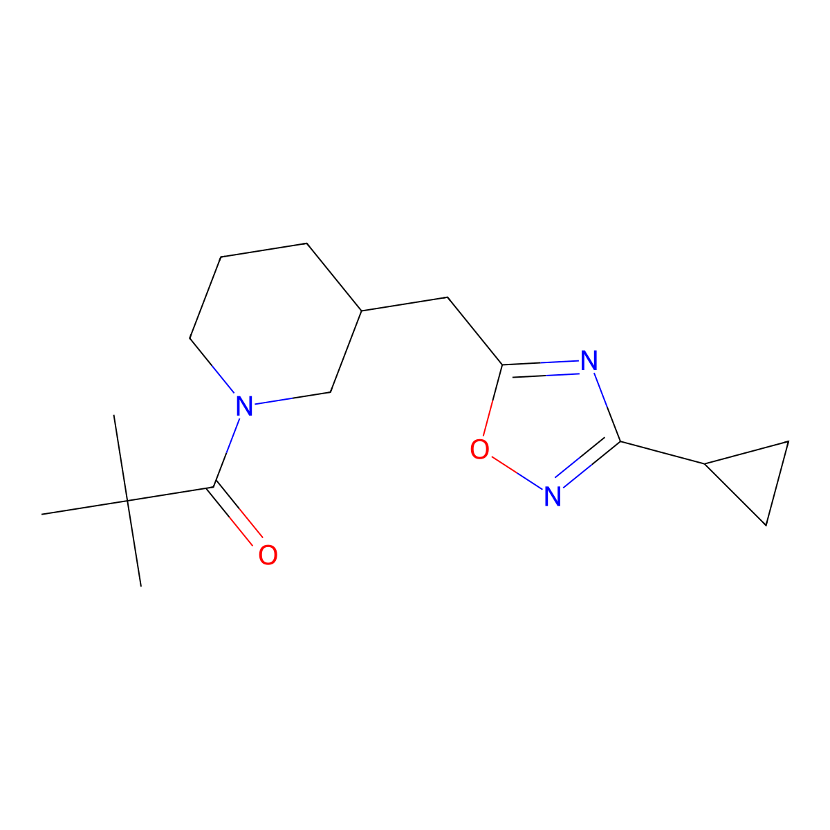 1-{3-[(3-Cyclopropyl-1,2,4-oxadiazol-5-yl)methyl]piperidin-1-yl}-2,2-dimethylpropan-1-one molecular structure, CAS 1705741-98-5