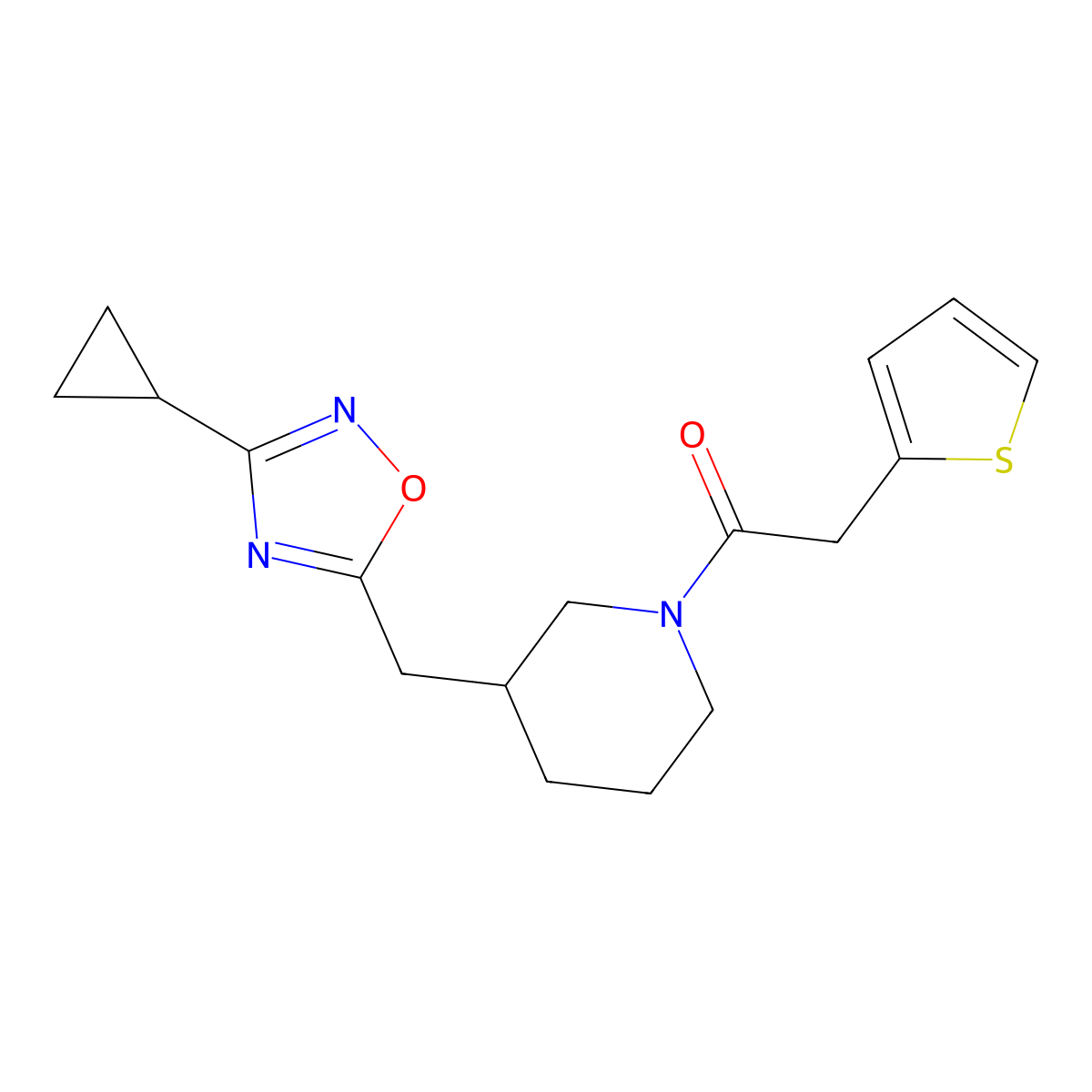 1-(3-((3-Cyclopropyl-1,2,4-oxadiazol-5-yl)methyl)piperidin-1-yl)-2-(thiophen-2-yl)ethanone molecular structure, CAS 1705742-22-8