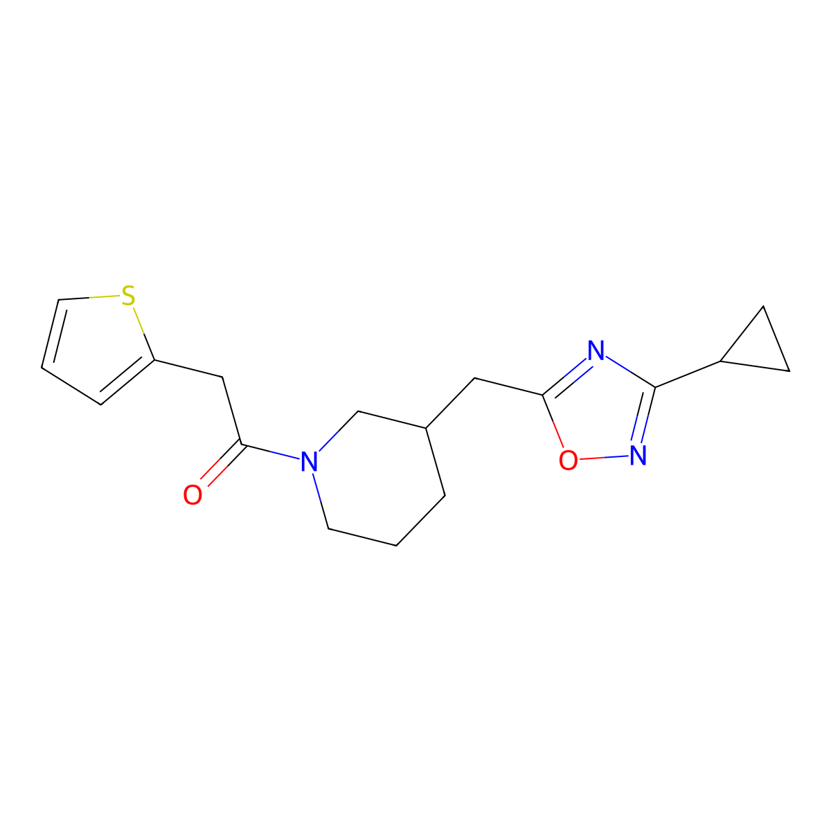 1-(3-((3-Cyclopropyl-1,2,4-oxadiazol-5-yl)methyl)piperidin-1-yl)-2-(thiophen-2-yl)ethanone molecular structure, CAS 1705742-22-8