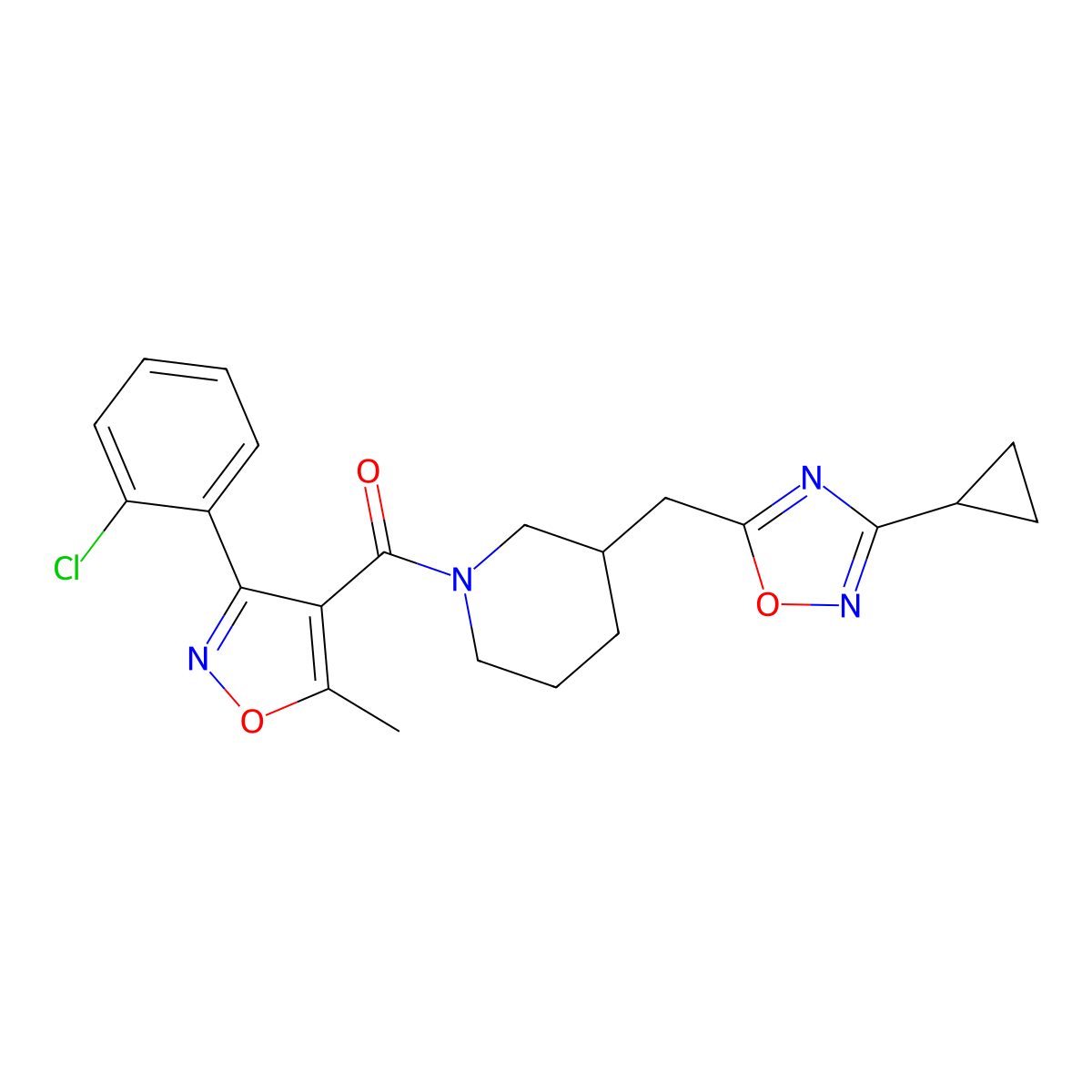 (3-(2-Chlorophenyl)-5-methylisoxazol-4-yl)(3-((3-cyclopropyl-1,2,4-oxadiazol-5-yl)methyl)piperidin-1-yl)methanone molecular structure, CAS 1705742-31-9
