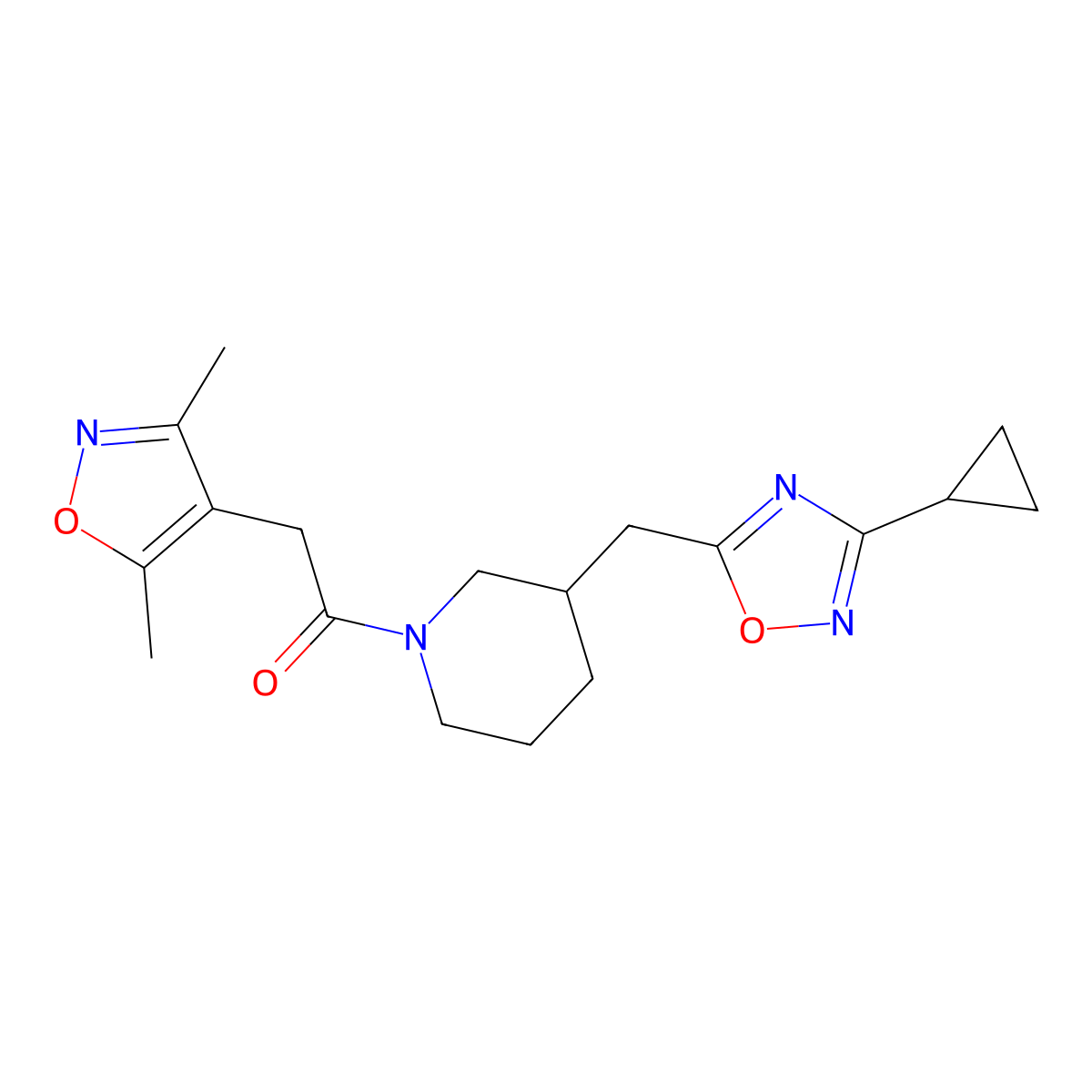 1-(3-((3-Cyclopropyl-1,2,4-oxadiazol-5-yl)methyl)piperidin-1-yl)-2-(3,5-dimethylisoxazol-4-yl)ethanone molecular structure, CAS 1705742-48-8