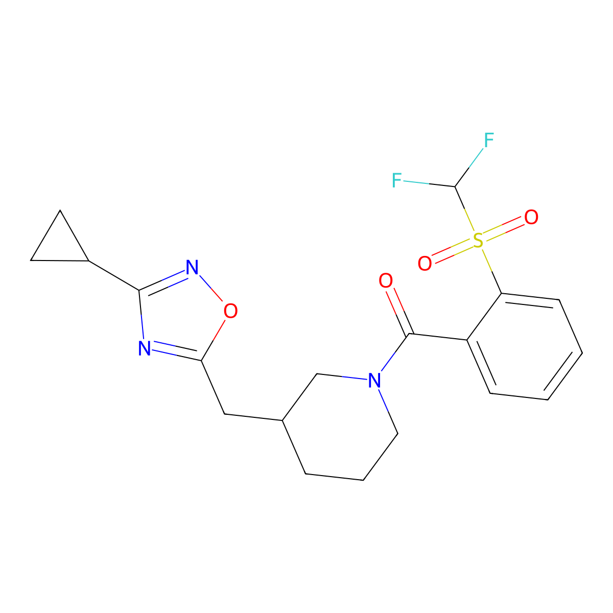 (3-((3-Cyclopropyl-1,2,4-oxadiazol-5-yl)methyl)piperidin-1-yl)(2-((difluoromethyl)sulfonyl)phenyl)methanone molecular structure, CAS 1705742-60-4
