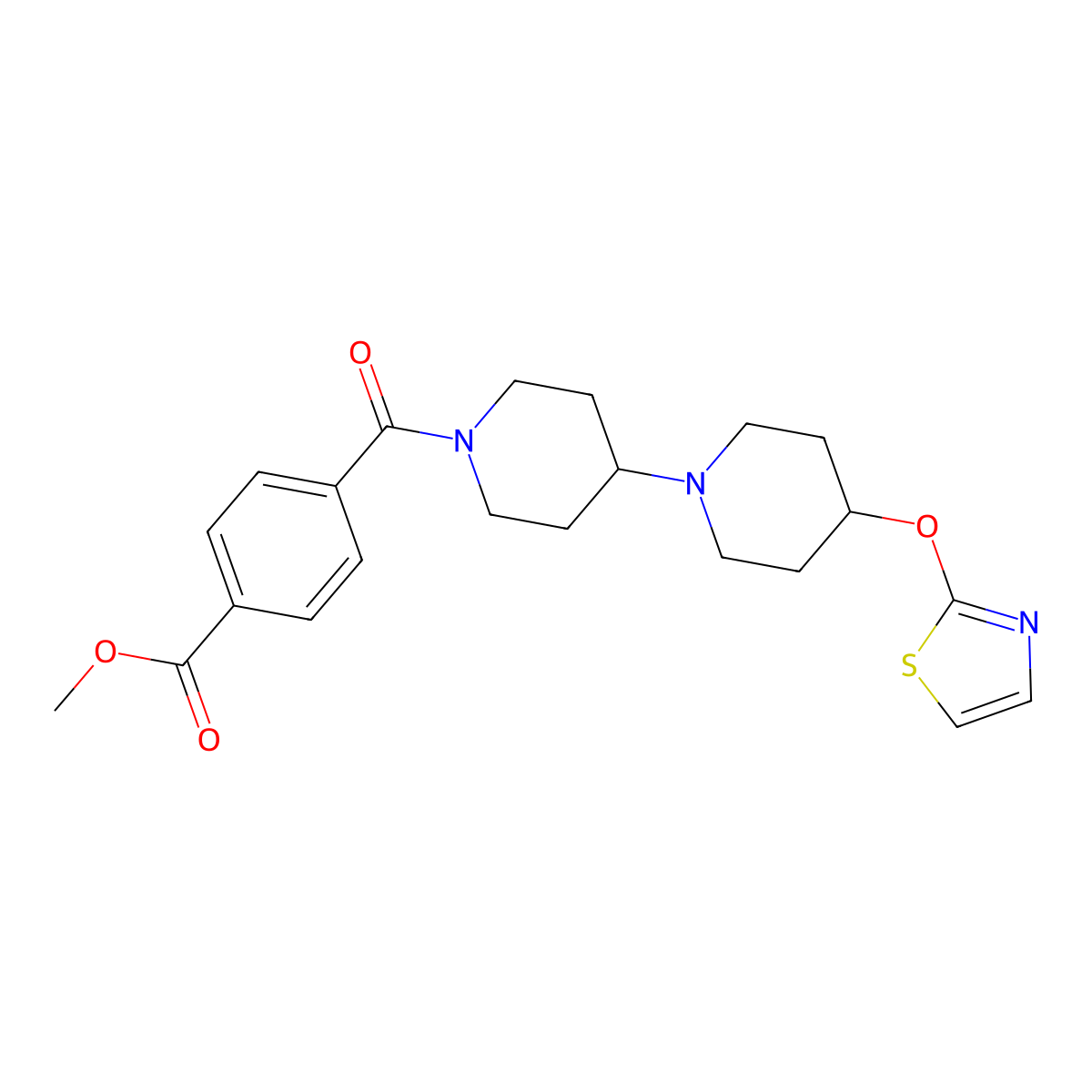 Methyl 4-(4-(thiazol-2-yloxy)-[1,4'-bipiperidine]-1'-carbonyl)benzoate molecular structure, CAS 1705742-64-8