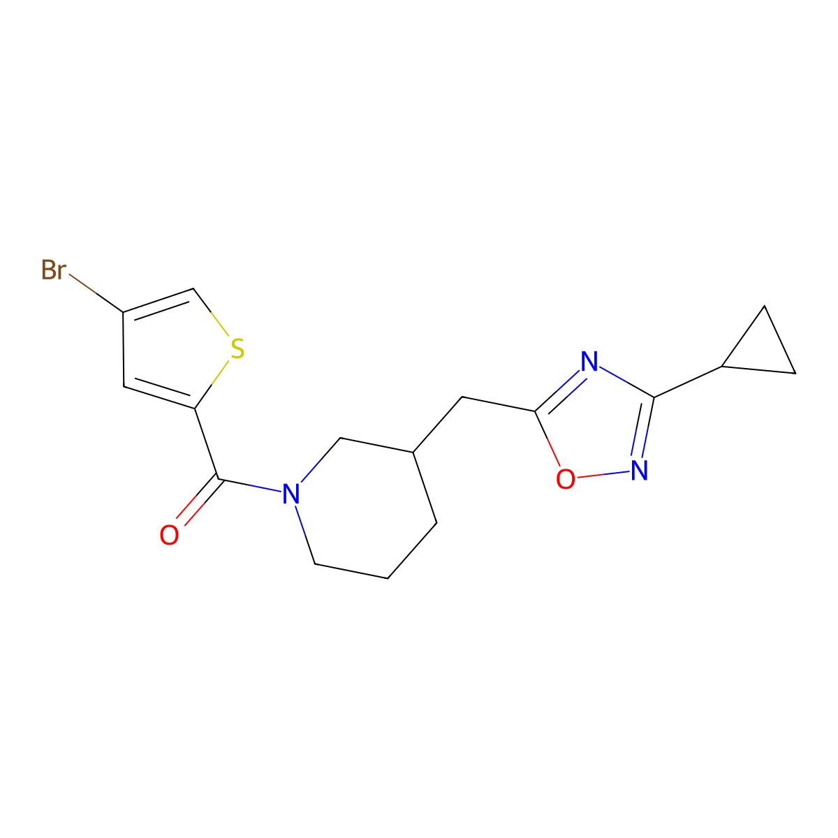 (4-Bromothiophen-2-yl)(3-((3-cyclopropyl-1,2,4-oxadiazol-5-yl)methyl)piperidin-1-yl)methanone molecular structure, CAS 1705742-69-3