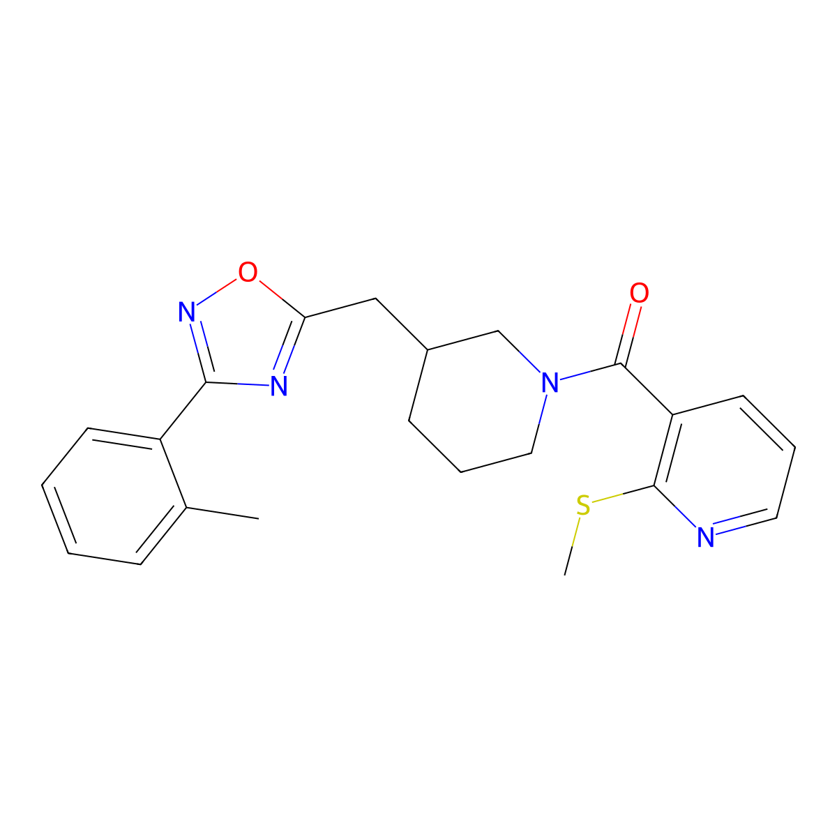 (2-(Methylthio)pyridin-3-yl)(3-((3-(o-tolyl)-1,2,4-oxadiazol-5-yl)methyl)piperidin-1-yl)methanone molecular structure, CAS 1705743-10-7