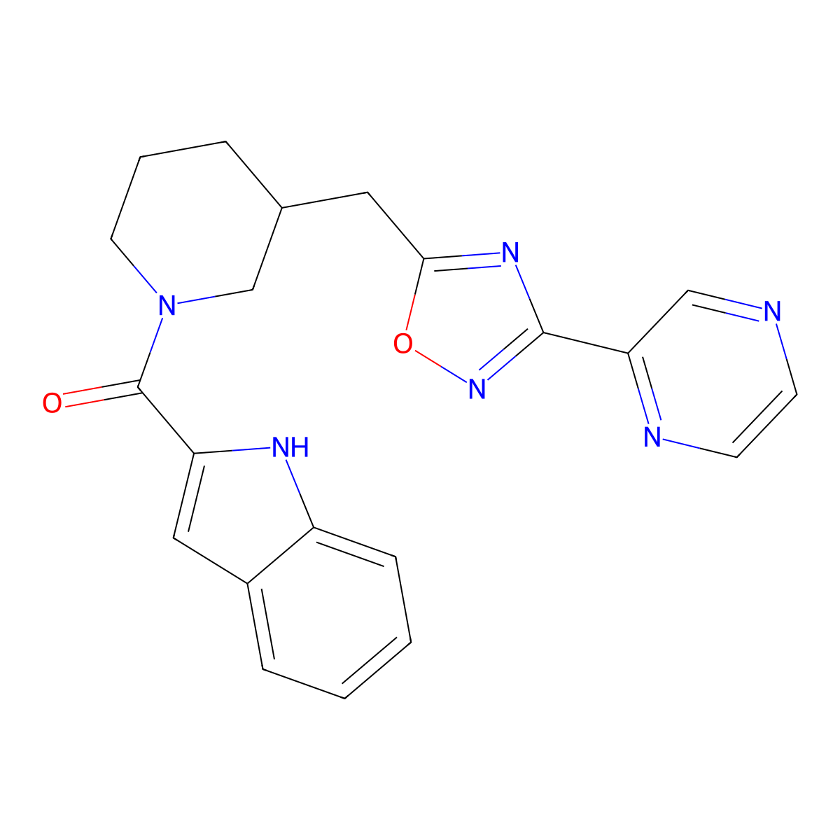 (1H-indol-2-yl)(3-((3-(pyrazin-2-yl)-1,2,4-oxadiazol-5-yl)methyl)piperidin-1-yl)methanone molecular structure, CAS 1705743-40-3