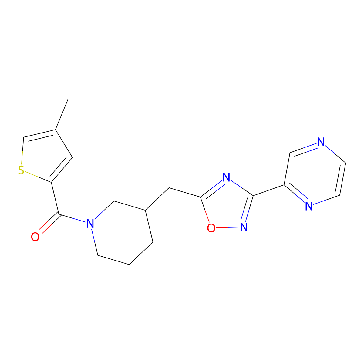 (4-Methylthiophen-2-yl)(3-((3-(pyrazin-2-yl)-1,2,4-oxadiazol-5-yl)methyl)piperidin-1-yl)methanone molecular structure, CAS 1705743-53-8