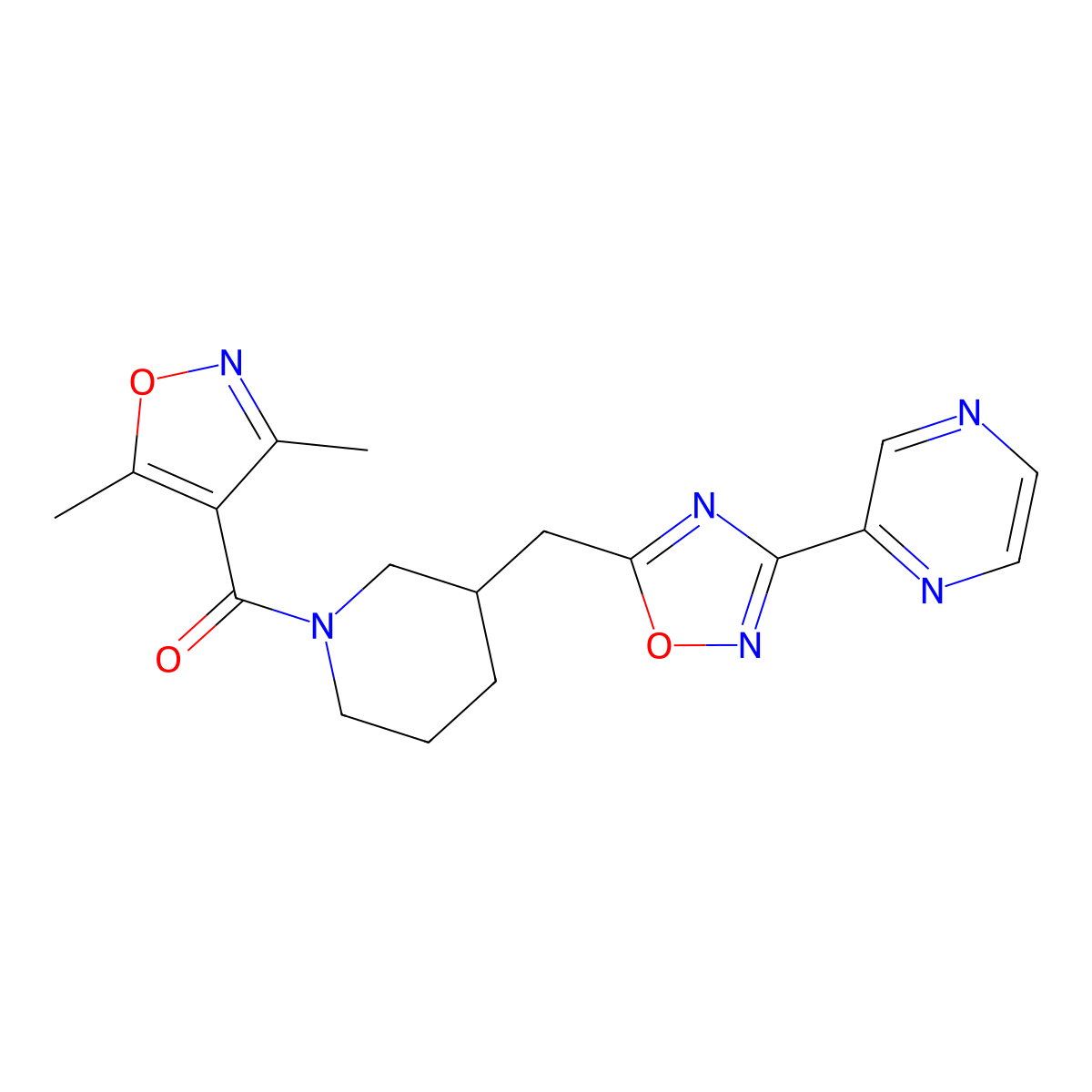 (3,5-Dimethylisoxazol-4-yl)(3-((3-(pyrazin-2-yl)-1,2,4-oxadiazol-5-yl)methyl)piperidin-1-yl)methanone molecular structure, CAS 1705743-57-2