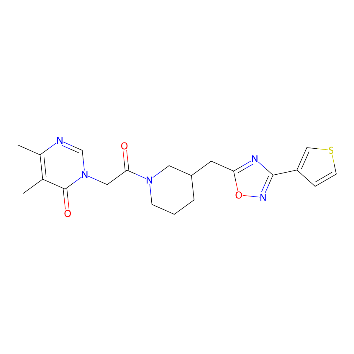 5,6-dimethyl-3-(2-oxo-2-(3-((3-(thiophen-3-yl)-1,2,4-oxadiazol-5-yl)methyl)piperidin-1-yl)ethyl)pyrimidin-4(3H)-one molecular structure, CAS 1705743-66-3