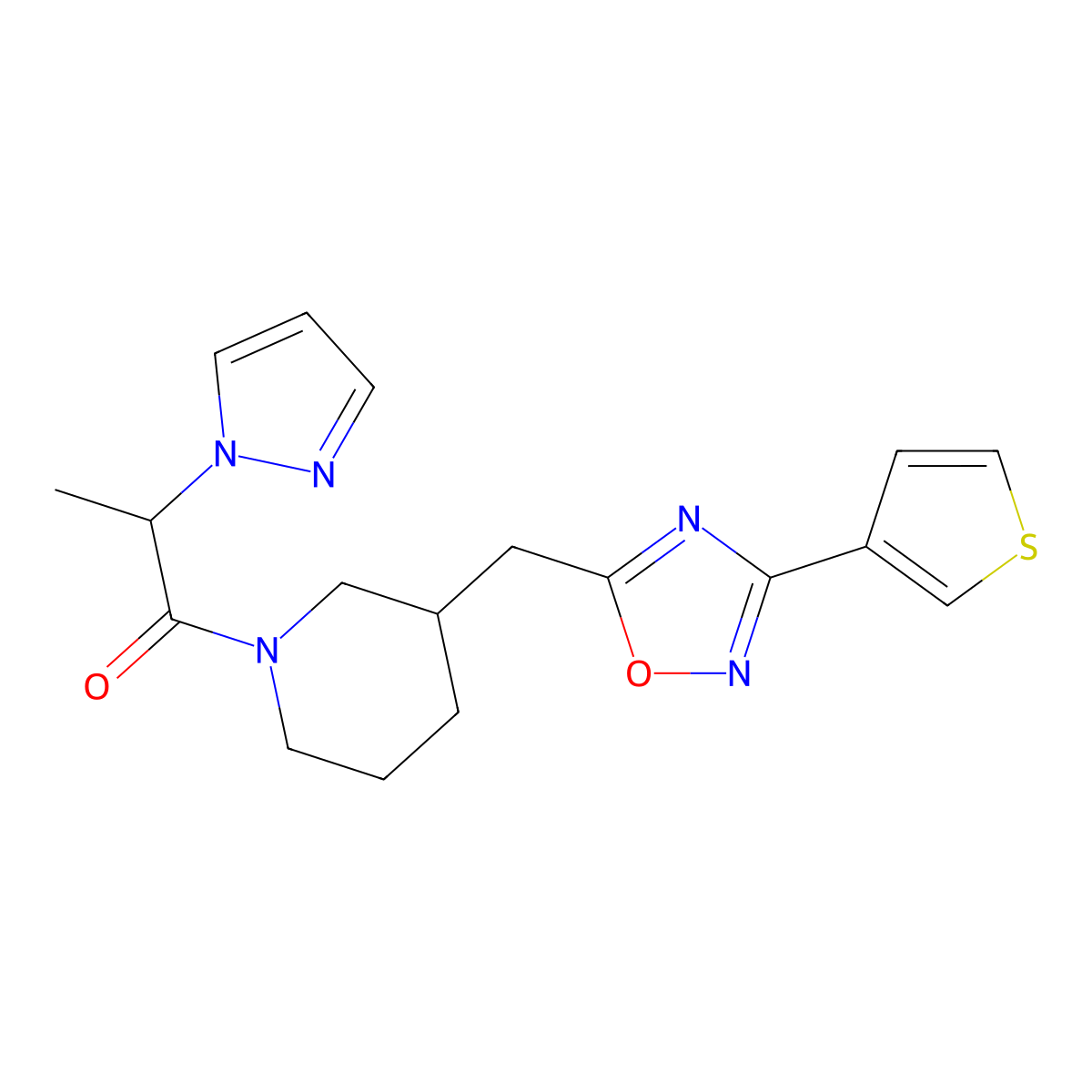 2-(1H-pyrazol-1-yl)-1-(3-{[3-(thiophen-3-yl)-1,2,4-oxadiazol-5-yl]methyl}piperidin-1-yl)propan-1-one molecular structure, CAS 1705743-68-5