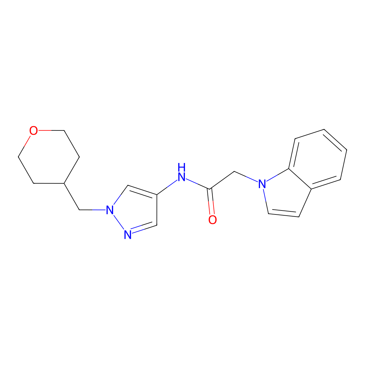 2-(1H-indol-1-yl)-N-(1-((tetrahydro-2H-pyran-4-yl)methyl)-1H-pyrazol-4-yl)acetamide molecular structure, CAS 1705752-31-3