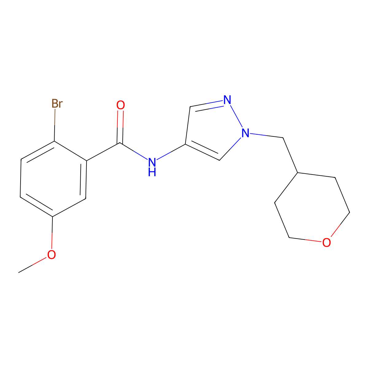 2-bromo-5-methoxy-N-(1-((tetrahydro-2H-pyran-4-yl)methyl)-1H-pyrazol-4-yl)benzamide molecular structure, CAS 1705752-93-7