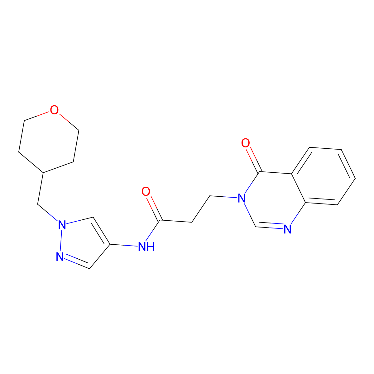 3-(4-oxoquinazolin-3(4H)-yl)-N-(1-((tetrahydro-2H-pyran-4-yl)methyl)-1H-pyrazol-4-yl)propanamide molecular structure, CAS 1705752-98-2