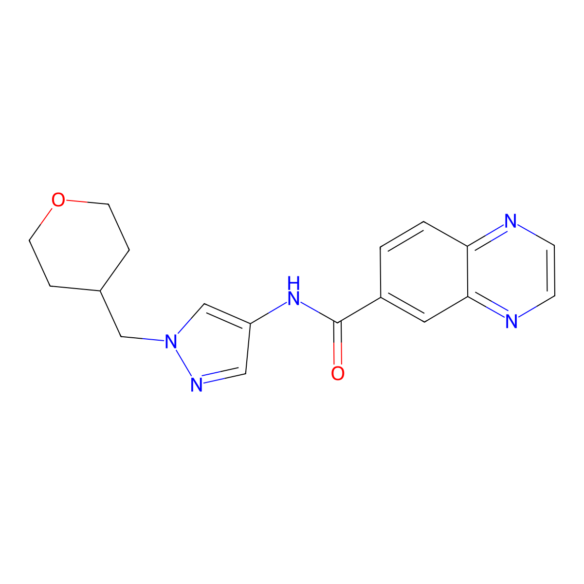 N-(1-((tetrahydro-2H-pyran-4-yl)methyl)-1H-pyrazol-4-yl)quinoxaline-6-carboxamide molecular structure, CAS 1705753-29-2