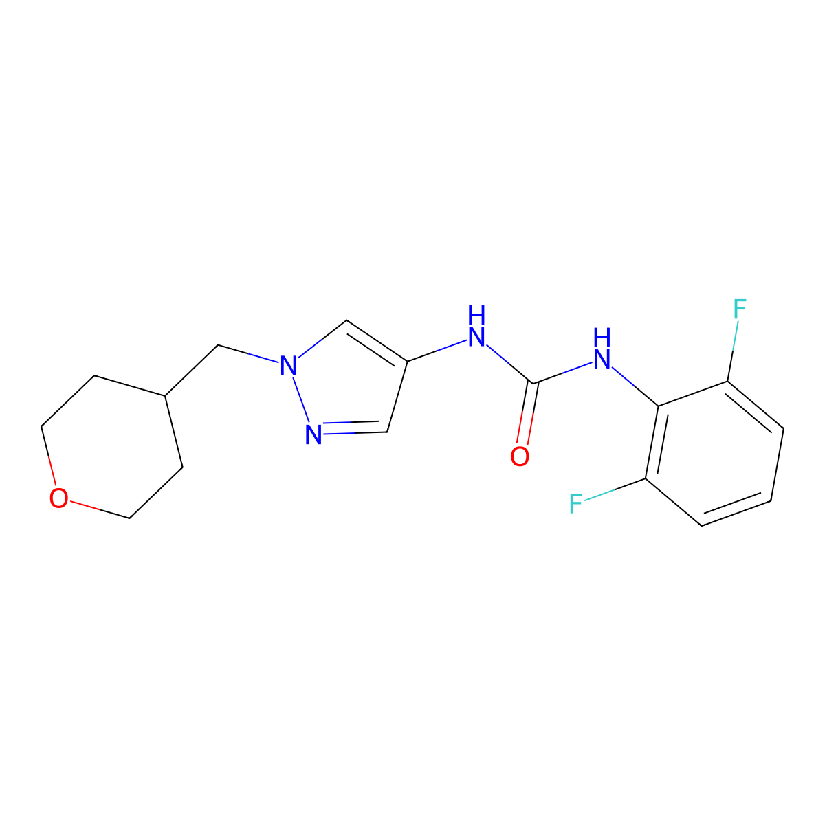 1-(2,6-difluorophenyl)-3-(1-((tetrahydro-2H-pyran-4-yl)methyl)-1H-pyrazol-4-yl)urea molecular structure, CAS 1705753-45-2