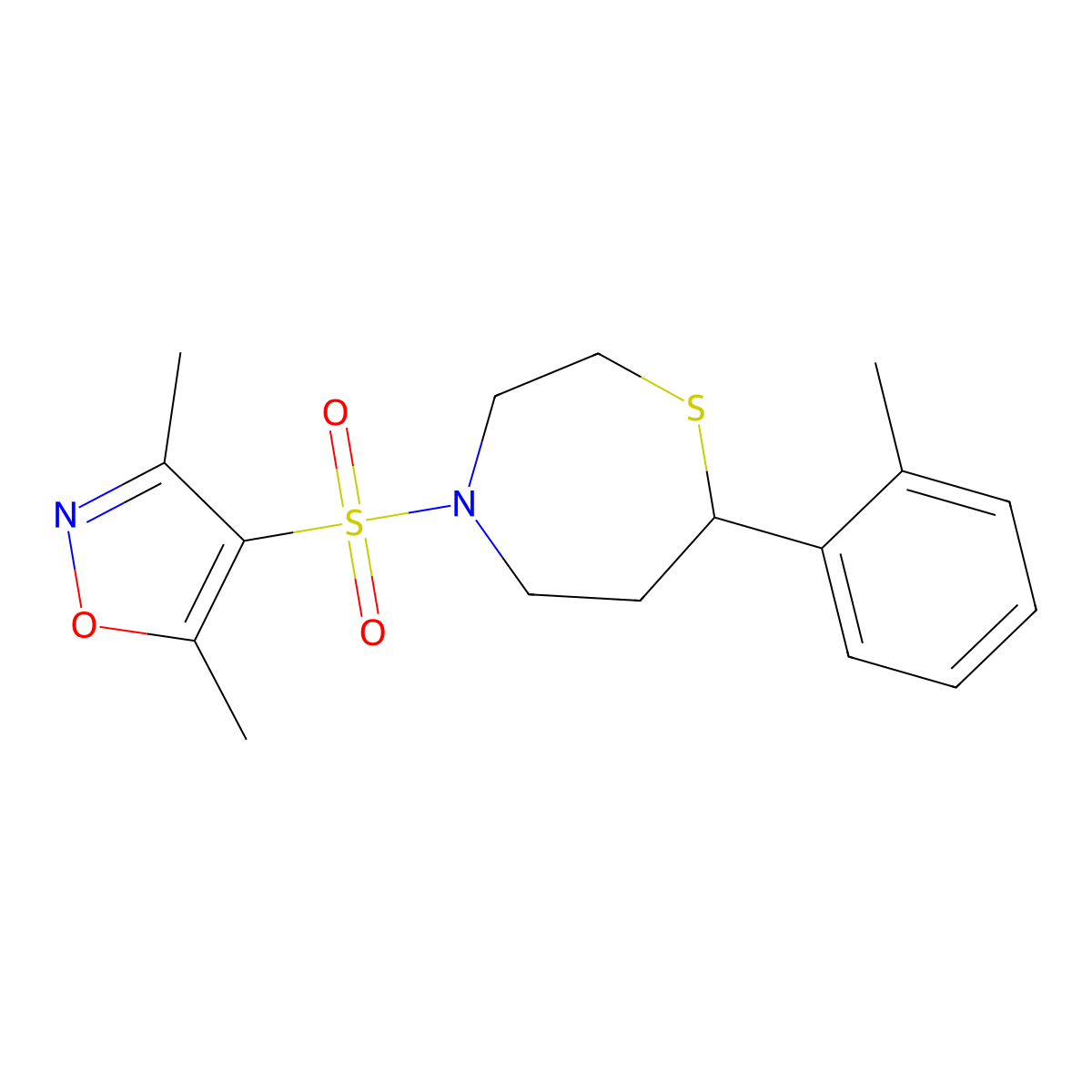3,5-Dimethyl-4-((7-(o-tolyl)-1,4-thiazepan-4-yl)sulfonyl)isoxazole molecular structure, CAS 1705759-41-6
