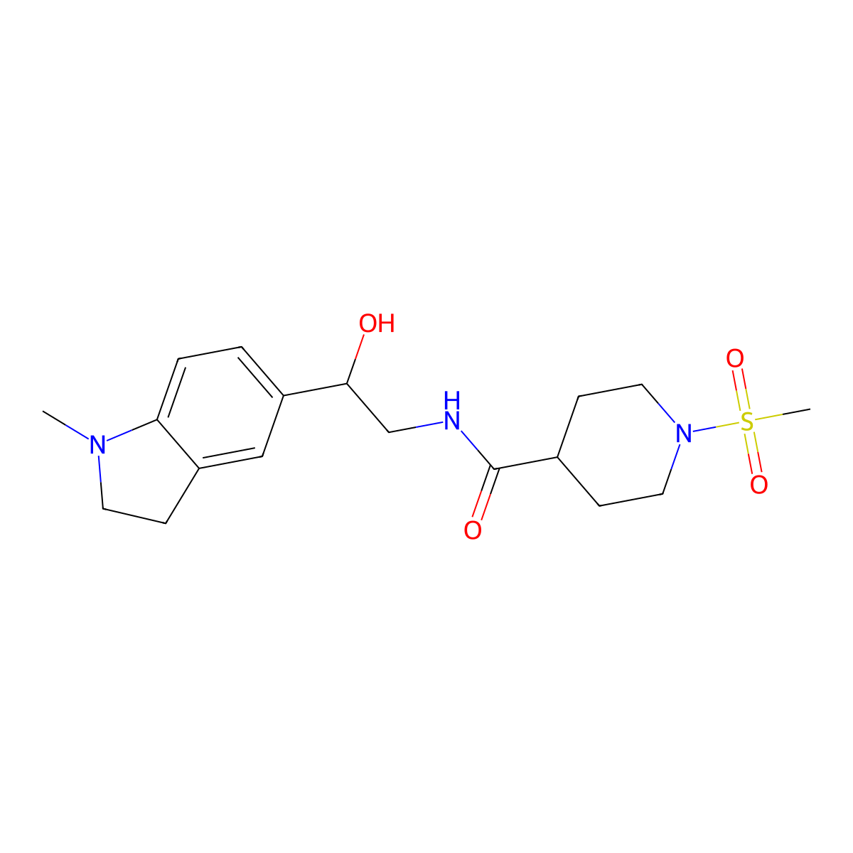 N-(2-hydroxy-2-(1-methylindolin-5-yl)ethyl)-1-(methylsulfonyl)piperidine-4-carboxamide molecular structure, CAS 1705761-31-4