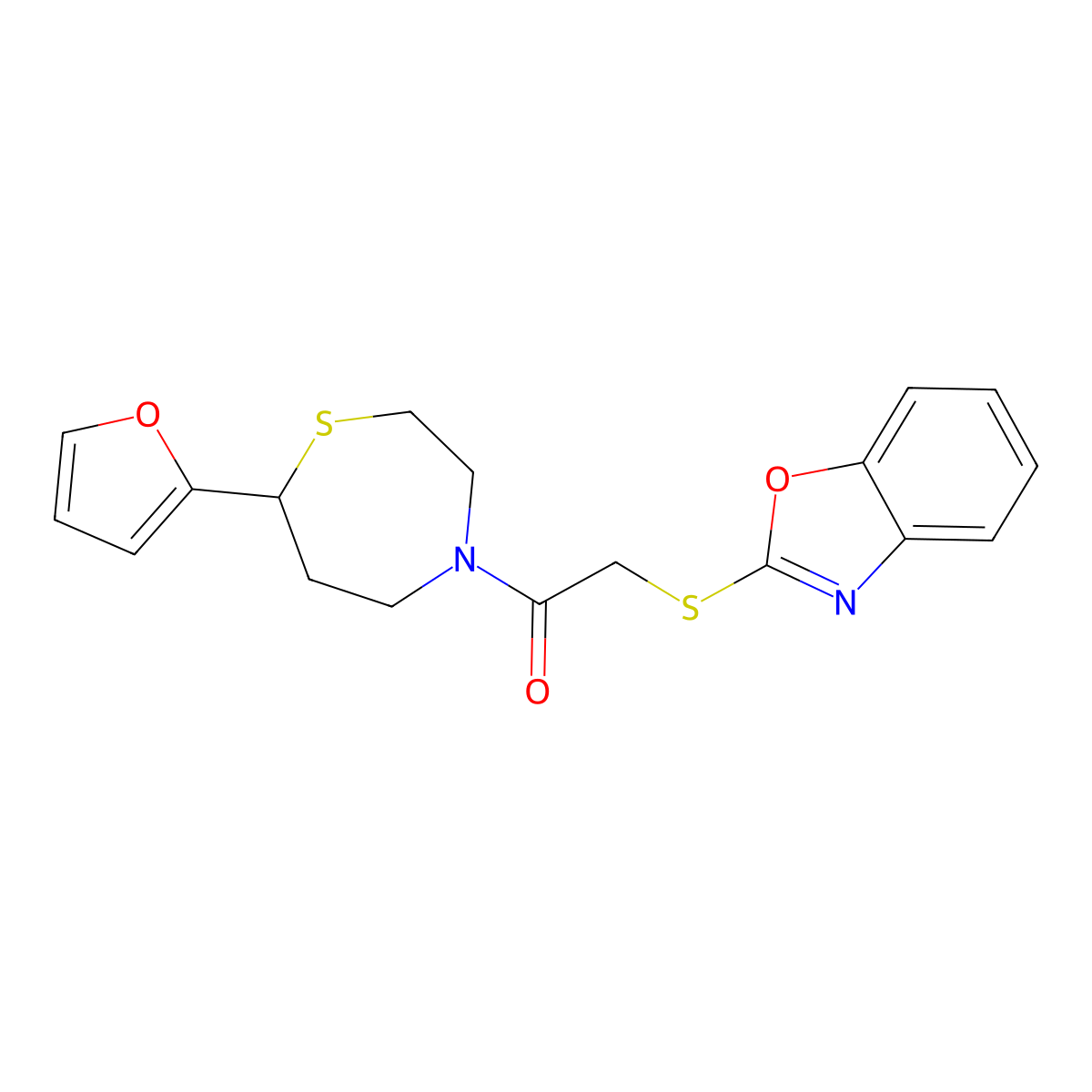 2-(Benzo[d]oxazol-2-ylthio)-1-(7-(furan-2-yl)-1,4-thiazepan-4-yl)ethanone molecular structure, CAS 1705761-32-5