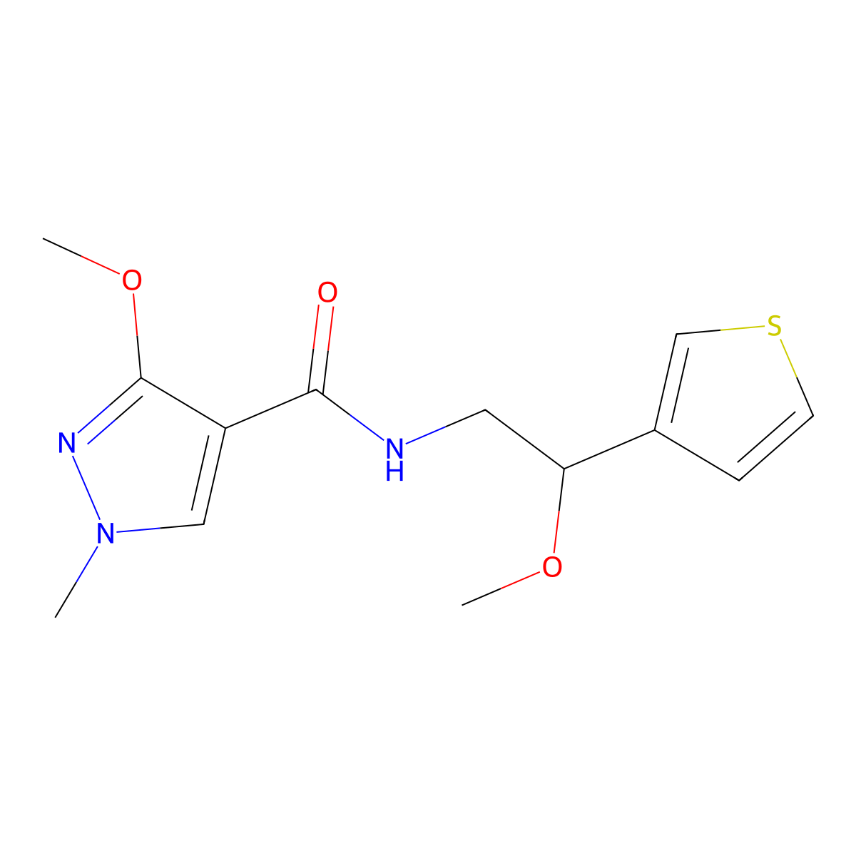 3-methoxy-N-(2-methoxy-2-(thiophen-3-yl)ethyl)-1-methyl-1H-pyrazole-4-carboxamide molecular structure, CAS 1705761-96-1