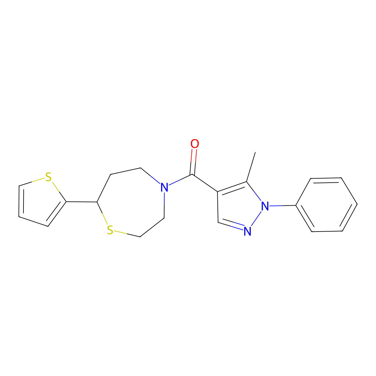 (5-methyl-1-phenyl-1H-pyrazol-4-yl)(7-(thiophen-2-yl)-1,4-thiazepan-4-yl)methanone molecular structure, CAS 1705762-39-5