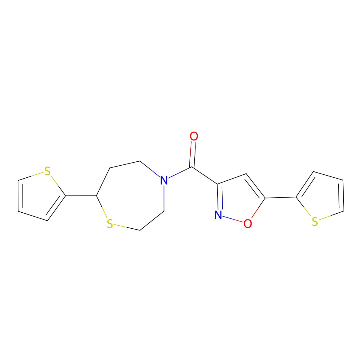 (7-(Thiophen-2-yl)-1,4-thiazepan-4-yl)(5-(thiophen-2-yl)isoxazol-3-yl)methanone molecular structure, CAS 1705763-19-4
