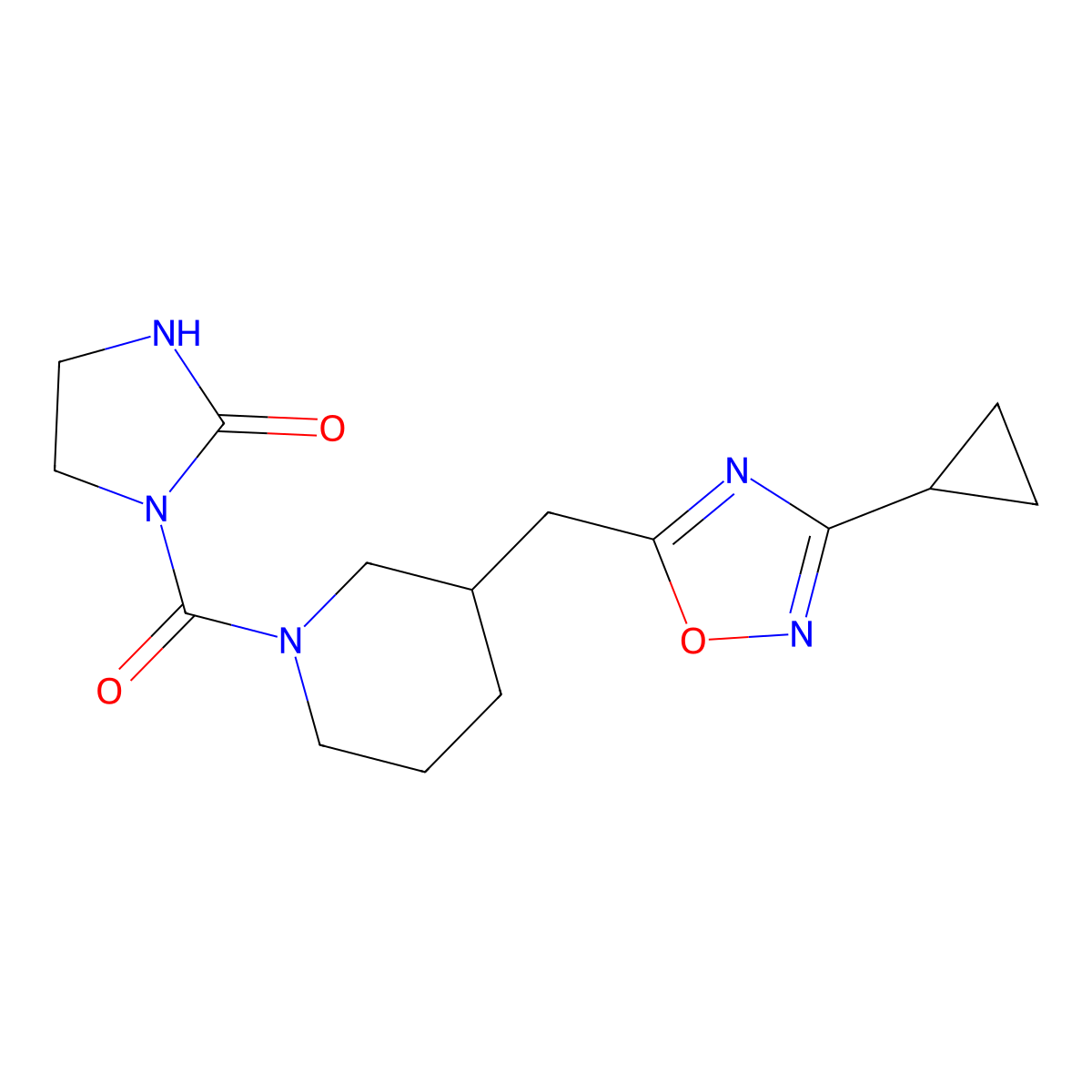 1-(3-((3-Cyclopropyl-1,2,4-oxadiazol-5-yl)methyl)piperidine-1-carbonyl)imidazolidin-2-one molecular structure, CAS 1705765-30-5